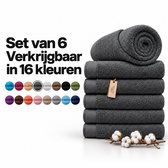 Set van 6 grijze handdoeken met label, beschikbaar in 16 kleuren, afgebeeld met katoentakjes.