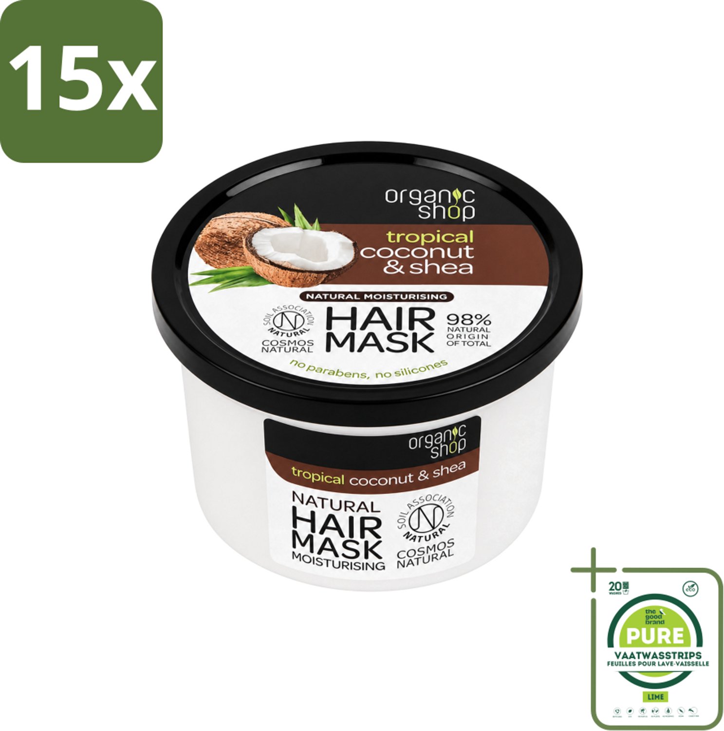 15 x Organic Shop - Haarmasker Coconut & Shea - Verzorgend en Voedend - 250 ml - Grootverpakking - Vaatwasstrips - Haarmasker - Kokosnoot - Shea - Natuurlijk Haarverzorging - Hydratatie