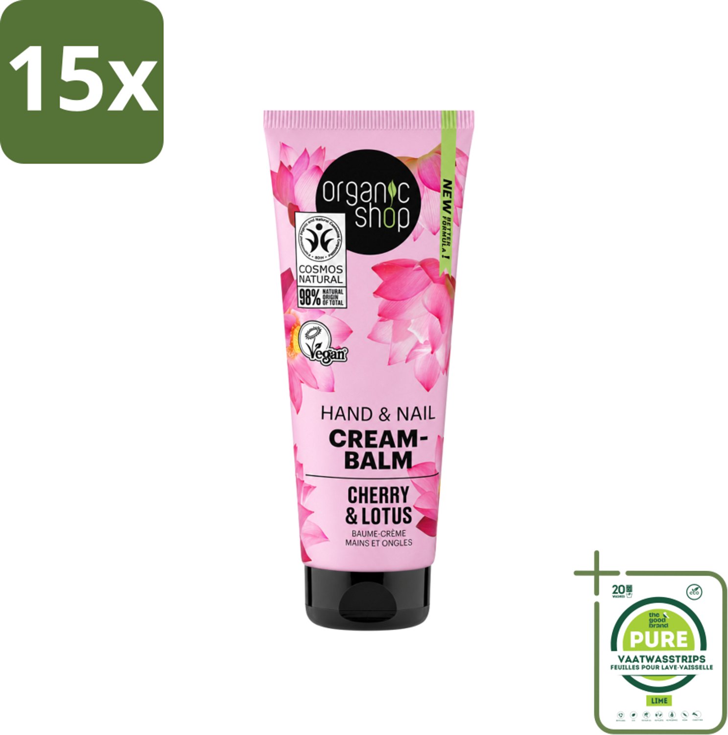 15 x Organic Shop - Hand & Nail Cream - Cherry & Lotus - Verzorgend en Hydraterend - 75 ml - Grootverpakking - Vaatwasstrips - Handcrème - Nagelverzorging - Handen Verzorgen - Nagels Versterken - Biologische Handcrème