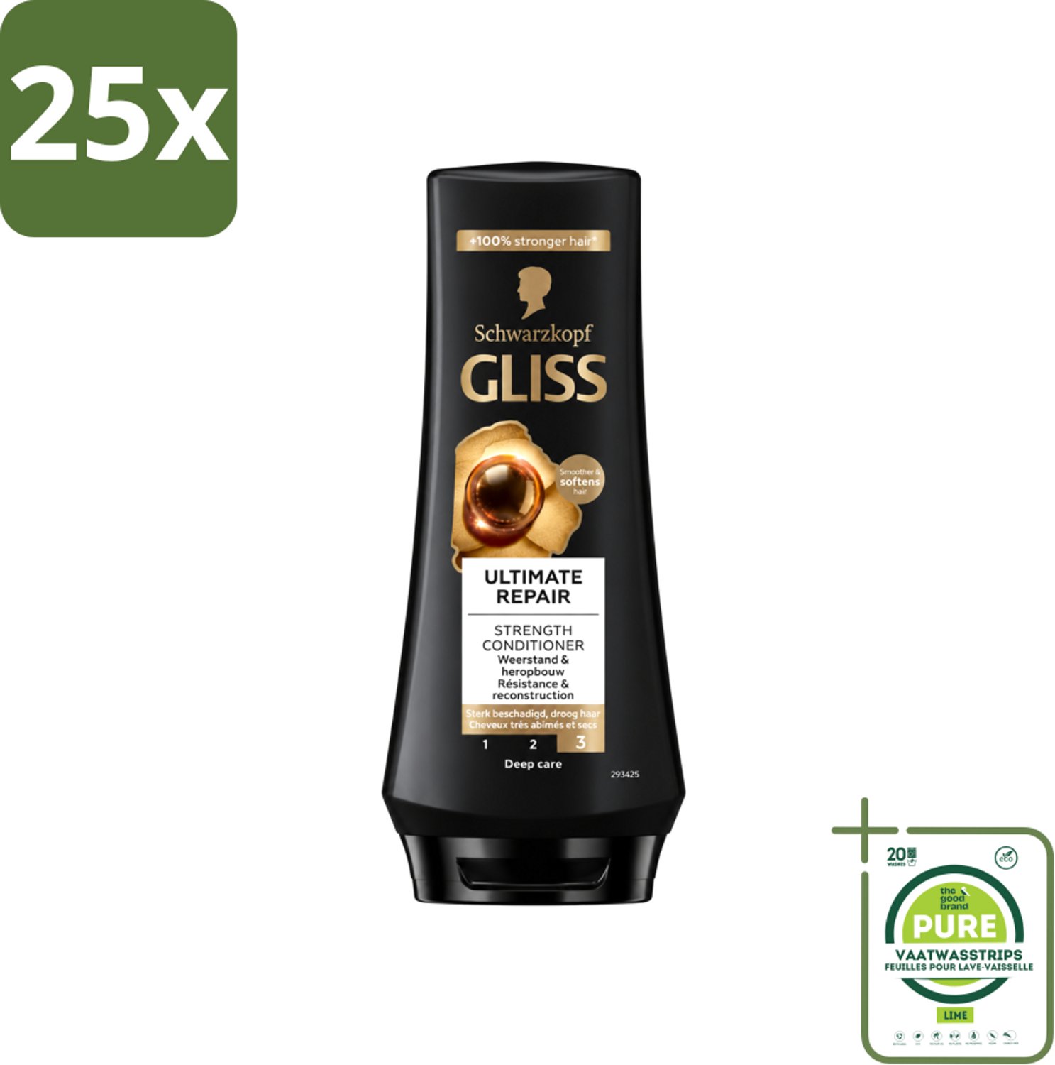 25 x Gliss - Hair Repair - Conditioner voor Ultiem Herstel van Beschadigd Haar - 200 ml - Grootverpakking - Vaatwasstrips - Haarkracht - Haarherstel - Keratine - Haarbescherming - Droog Haar