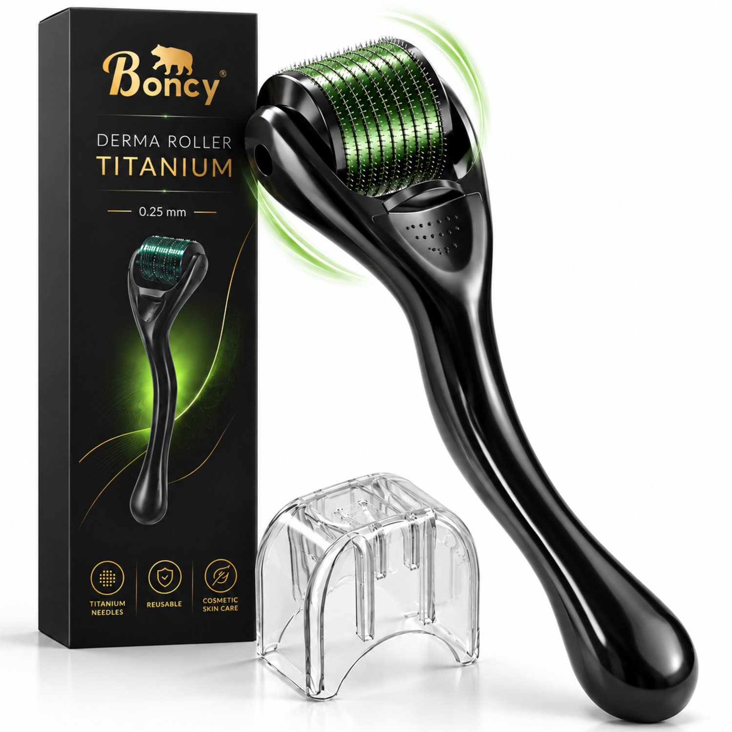 Boncy® Premium Dermaroller 0,25MM - Microneedling Derma Roller - Dermarollers voor Haargroei Hoofdhuid Haar Baard - Baardroller voor Baardgroei - 540 Titanium Naalden - Mannen & Vrouwen - Dermarolling Scalp - Alternatief voor Dermastamp Stamper