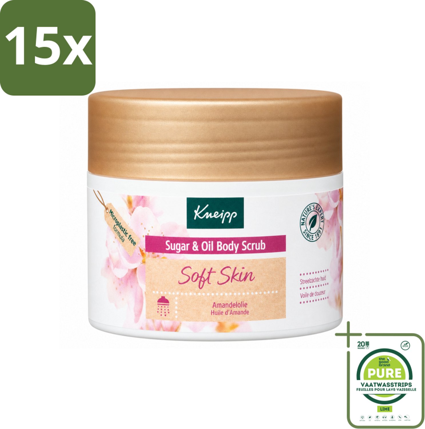 15 x Kneipp - Body scrub - Sugar & Oil - Soft Skin - Voor droge en gevoelige huid - 220 g - Grootverpakking - Vaatwasstrips - Huidverzorging - Suiker Scrubb - Amandelolie - Droge Huid - Gevoelige Huid