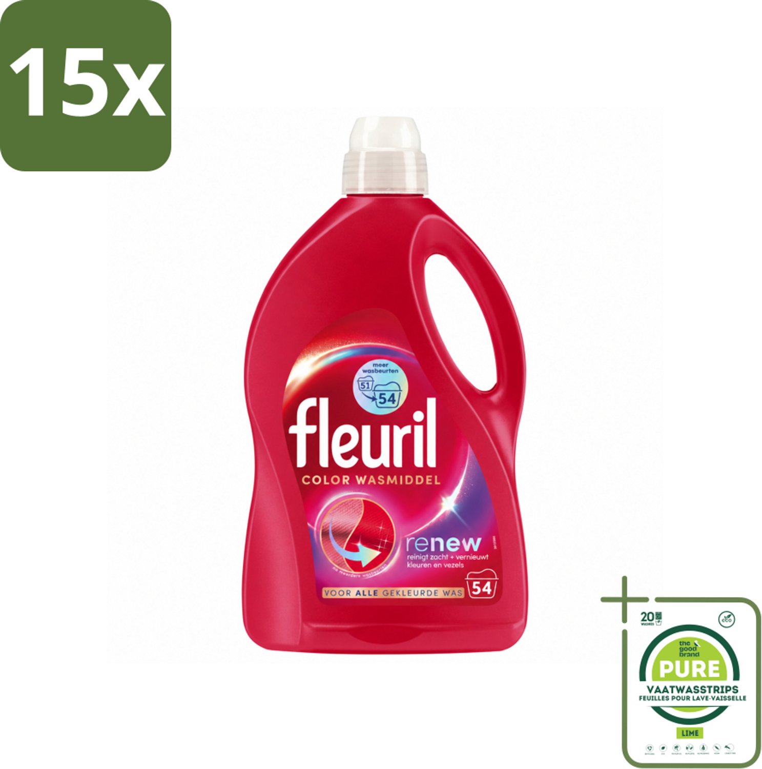 15 x Fleuril - Wasmiddel - Renew Color Vloeibaar Wasmiddel - Gekleurde Was - 54 wasbeurten - Grootverpakking - Vaatwasstrips - Kleurbehoud - Wasmiddel Voor Gekleurde Kleding - Vloeibaar Wasmiddel - Vezelverzorging - Frisse Geur