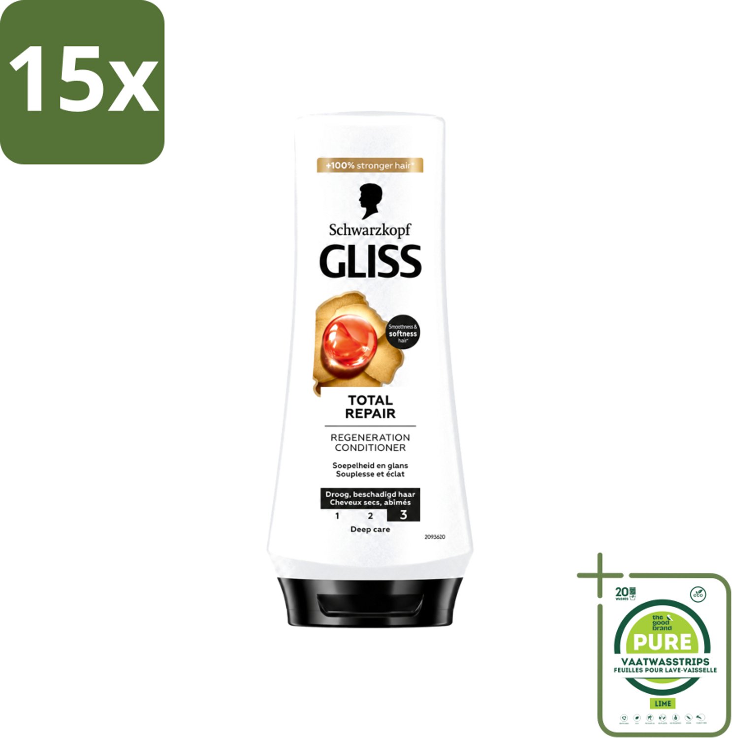15 x Gliss - Hair Repair - Conditioner voor Totaal Herstel - 200 ml - Grootverpakking - Vaatwasstrips - Haarherstel - Droog Haar - Beschadigd Haar - Haarverzorging - Keratine