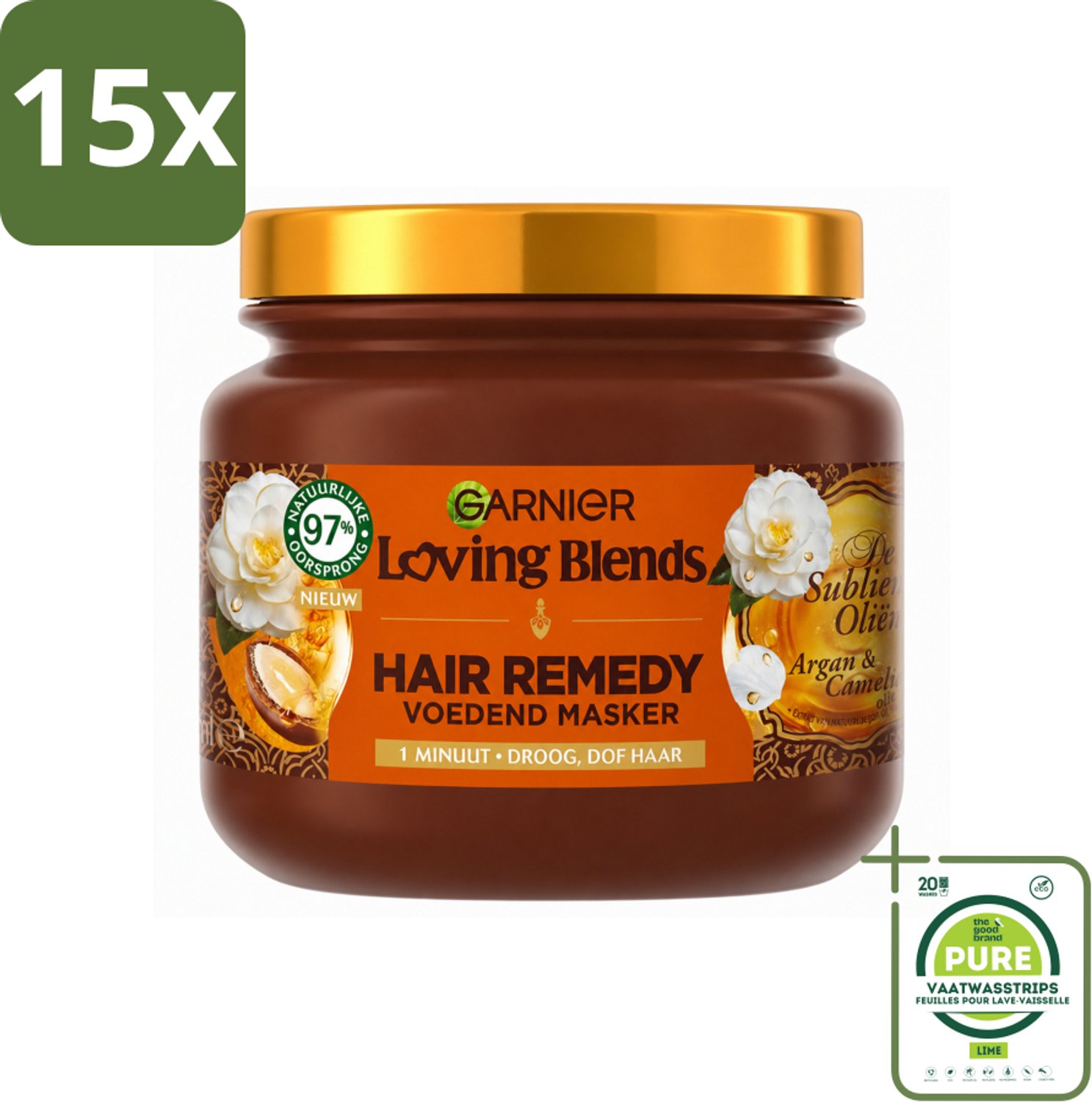 15 x Garnier - Loving Blends - Haarmasker - Argan & Cameliaolie - Droog & Dof Haar - 340 ml - Grootverpakking - Vaatwasstrips - Haarmasker - Arganolie - Cameliaolie - Droog Haar - Dof Haar