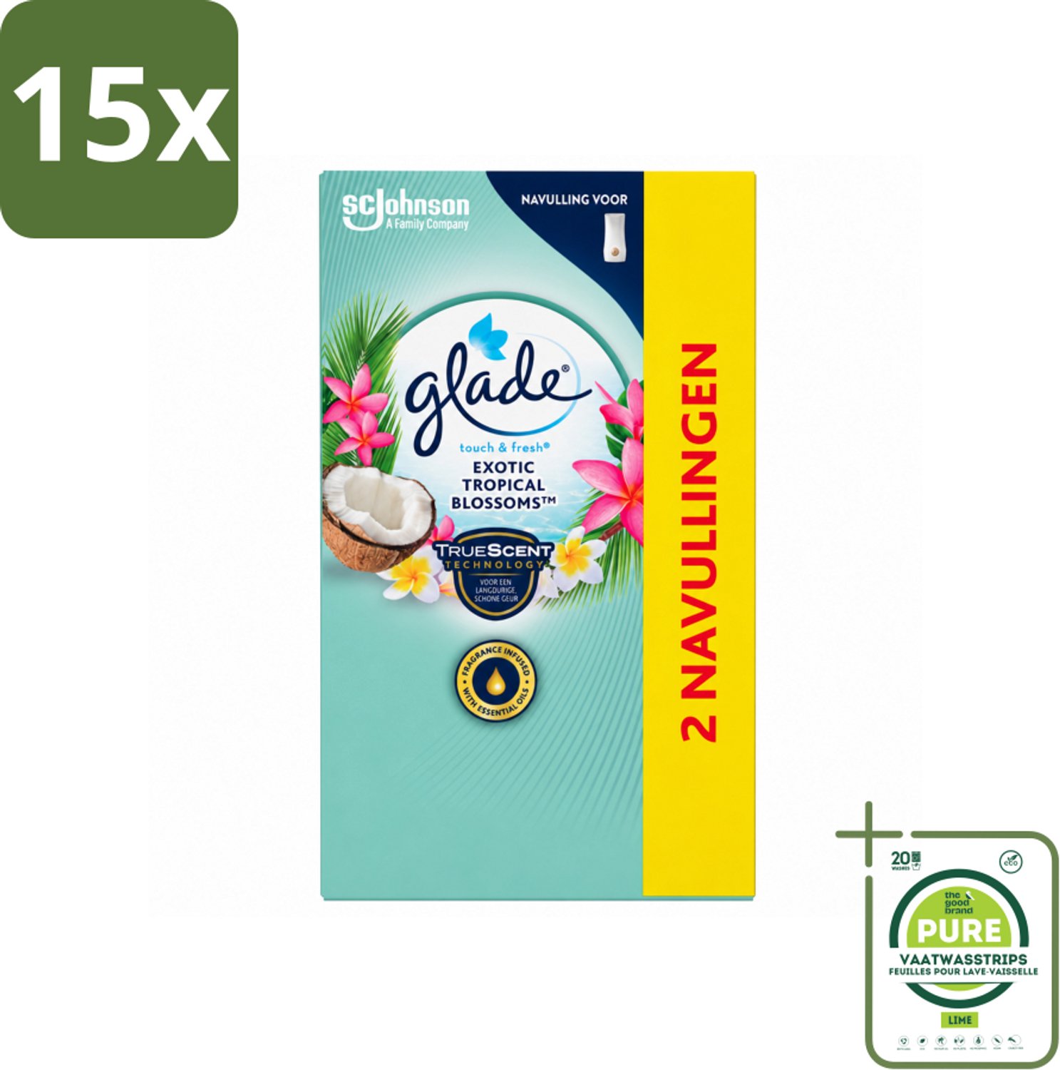 15 x Glade - Touch & Fresh - Exotic Tropical Blossoms - 2x 10 ml - Grootverpakking - Vaatwasstrips - Geur - Frisheid - Monoi Olie - Tropische Bloemen - Kokosmelk