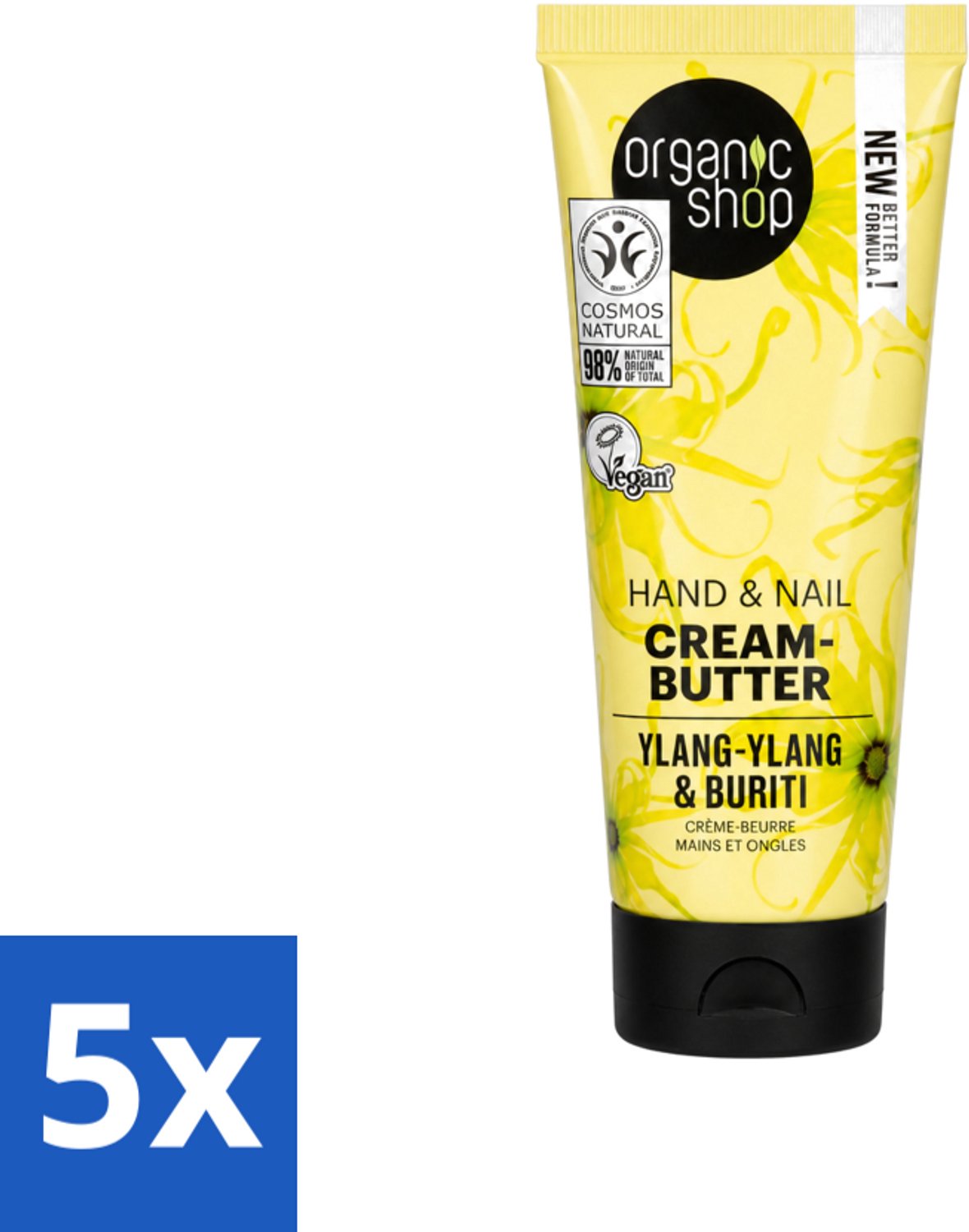 5 x Organic Shop - Ylang-Ylang & Buriti Hand & Nail Cream - Verzachtend en Herstellend - 75 ml - Voordeelverpakking - 5 stuks