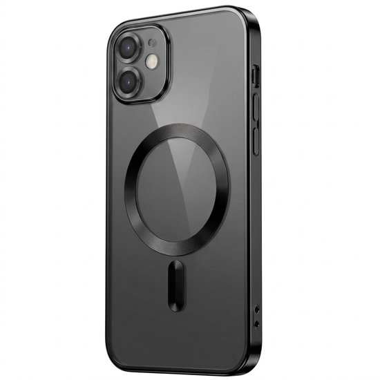 Transparant iPhone 12 hoesje met zwart frame en ingebouwde ronde MagSafe-magneet.