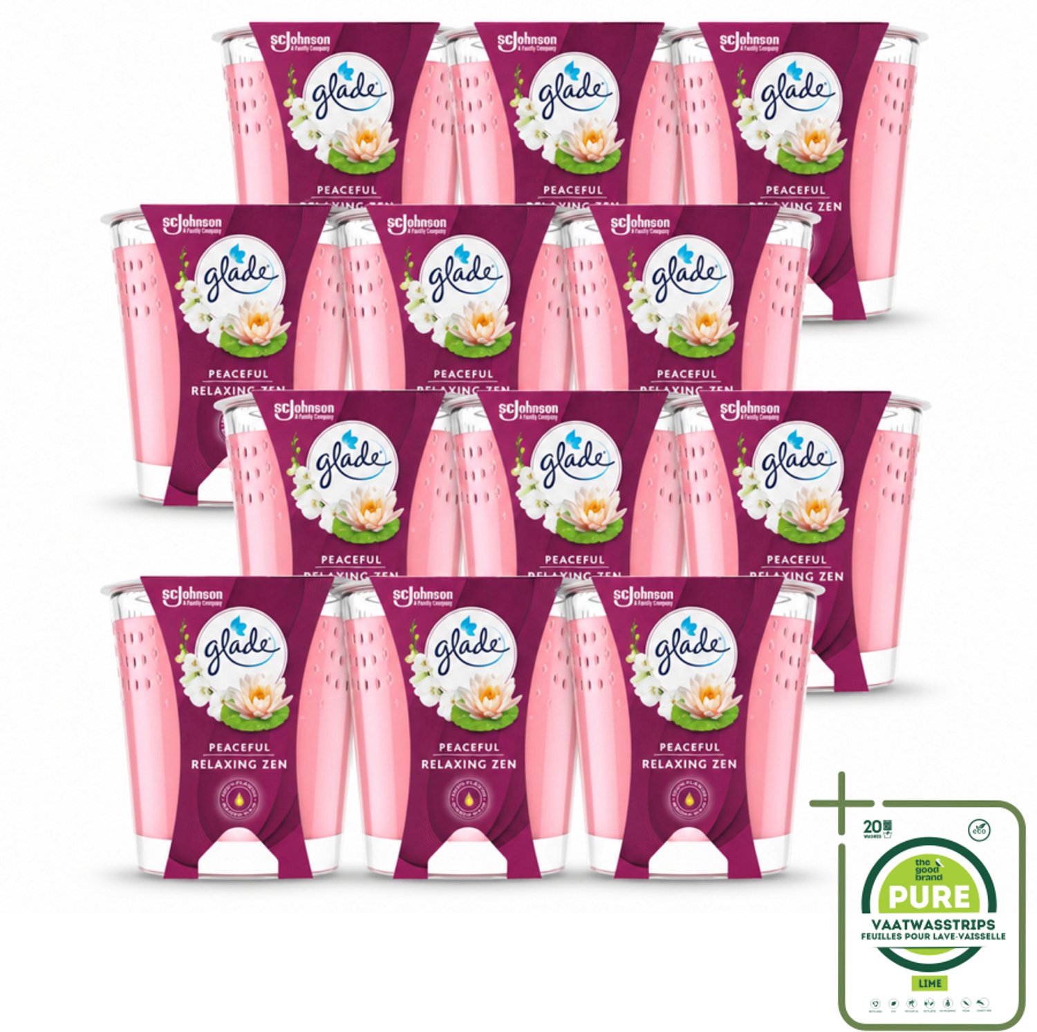 12 x Glade - Geurkaars Relaxing Zen - 100% Raapzaadwas - 112 g - Grootverpakking - Vaatwasstrips - Geurkaars Rust - Geurkaars Ontspanning - Geurkaars Zen - Geurkaars Natuurlijk - Geurkaars Vegan