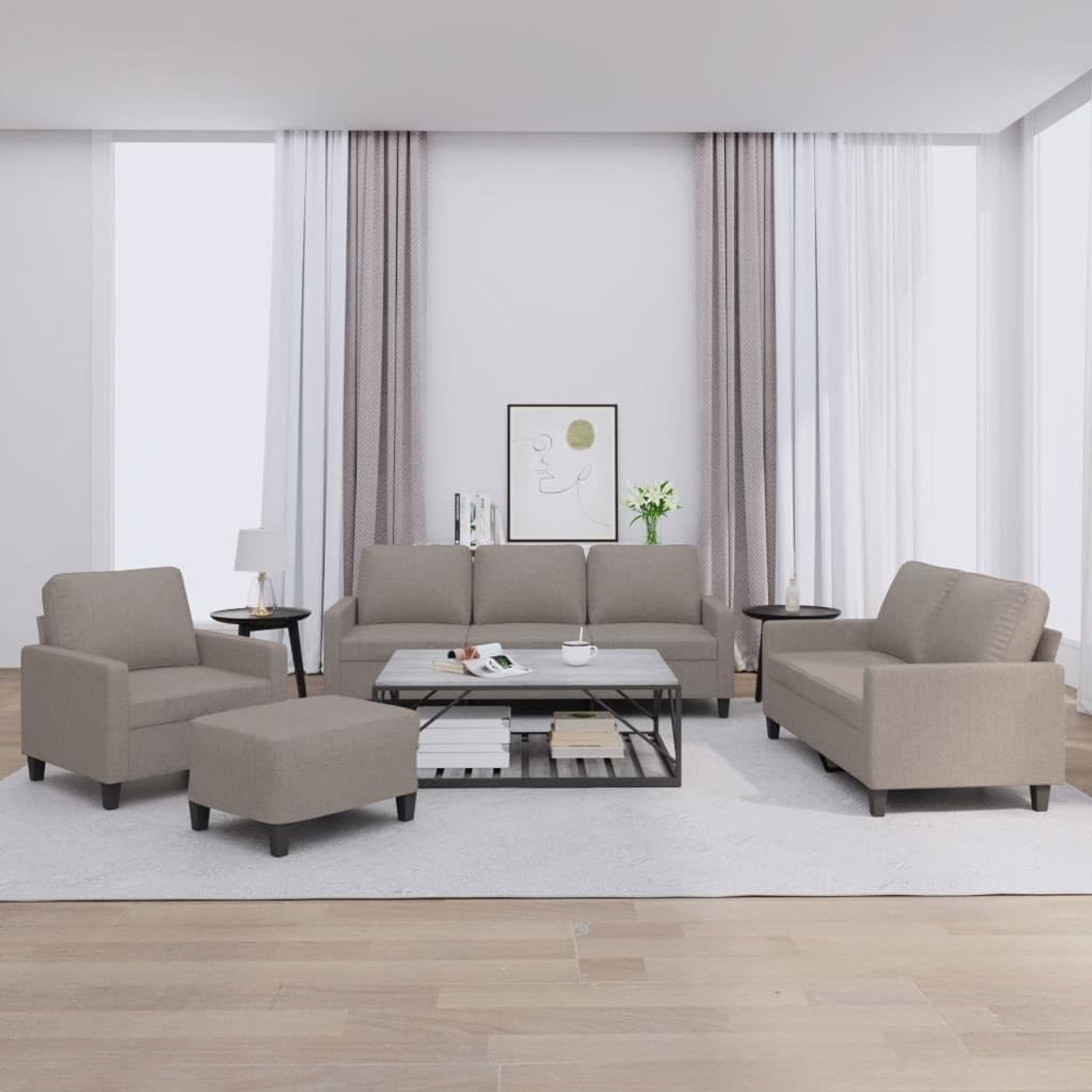 4-delig bankstel met kussen en voetenbank taupe stof sofa zitmeubelen voor woonkamer met duurzame bekleding en robuust frame