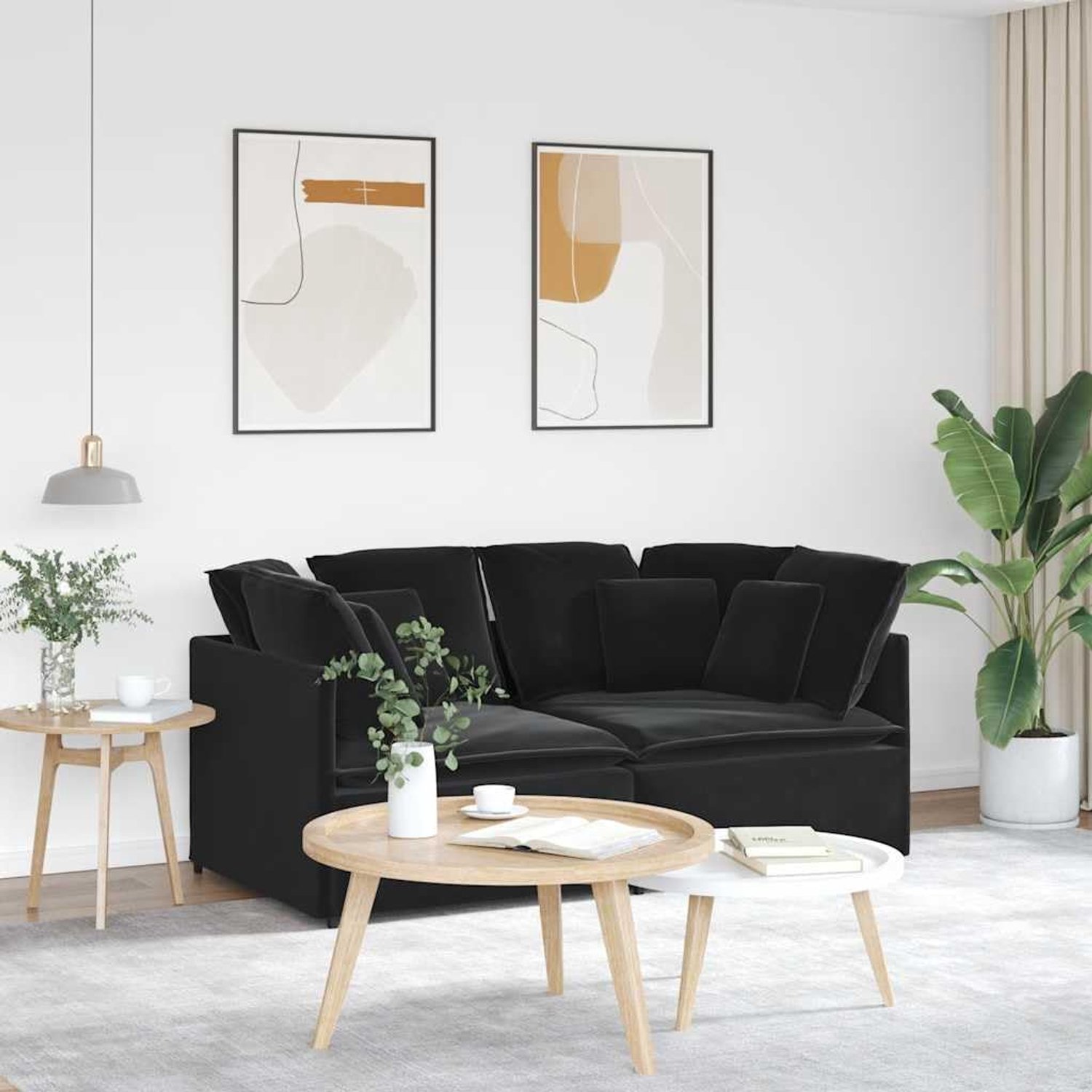 Hoekbank met fluwelen bekleding en kussens in zwart, 2-delige bank voor veelzijdige interieurvormgeving en royale zitgelegenheden