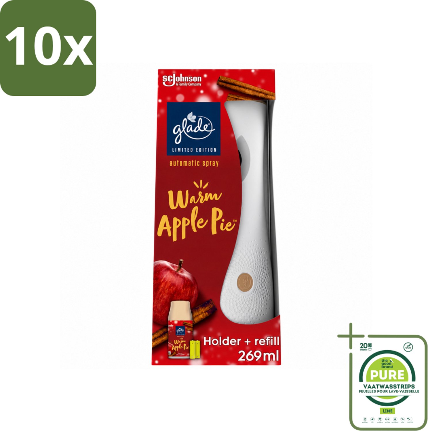 10 x Glade - Houder Automatische Spray - Warme Appeltaart Limited Edition - 269 ml - Grootverpakking - Vaatwasstrips - Warm Apple Pie Geur - Automatische Geur - Geur In Huis - Gezelligheid In Huis - Herfstgeur