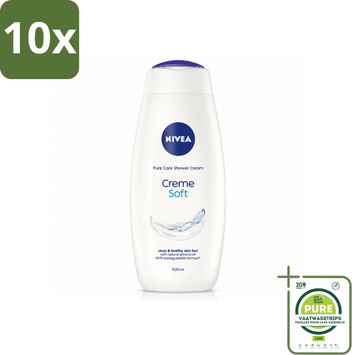 10 x NIVEA - Douchecrème - Zacht - Huidbeschermend - Amandelolie - 500 ml - Grootverpakking - Vaatwasstrips - Douchecrème - Huid Verzorgen - Amandelolie - Zijdezachte Huid - Hydratatie