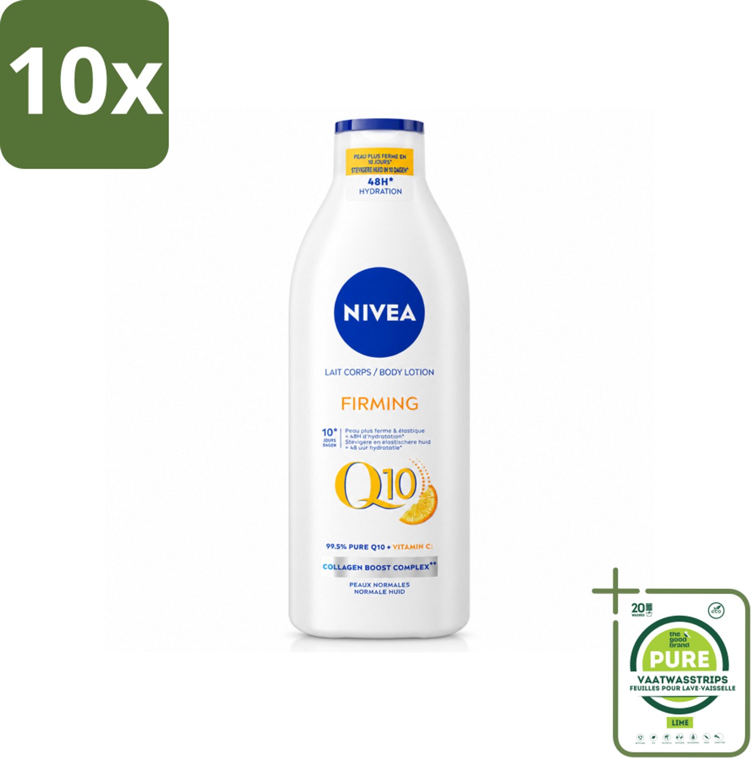 10 x Nivea - Q10 - Verstevigende Bodylotion - Vitamine C - 48 uur Hydratatie - Voor Normale Huid - 400 ml - Grootverpakking - Vaatwasstrips - Q10 Bodylotion - Huidversteviging - Huidhydratatie - Collagen Boost - Vitamine C