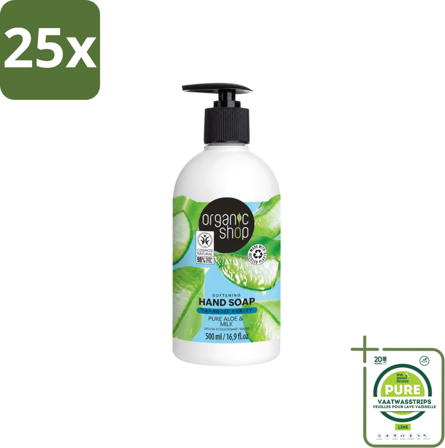 25 x Organic Shop - Handzeep Aloe & Milk - Verzachtend en Hydraterend - 500 ml - Grootverpakking - Vaatwasstrips - Handzeep - Natuurlijke Handzeep - Biologische Handzeep - Aloë Handzeep - Melkproteïnen Handzeep