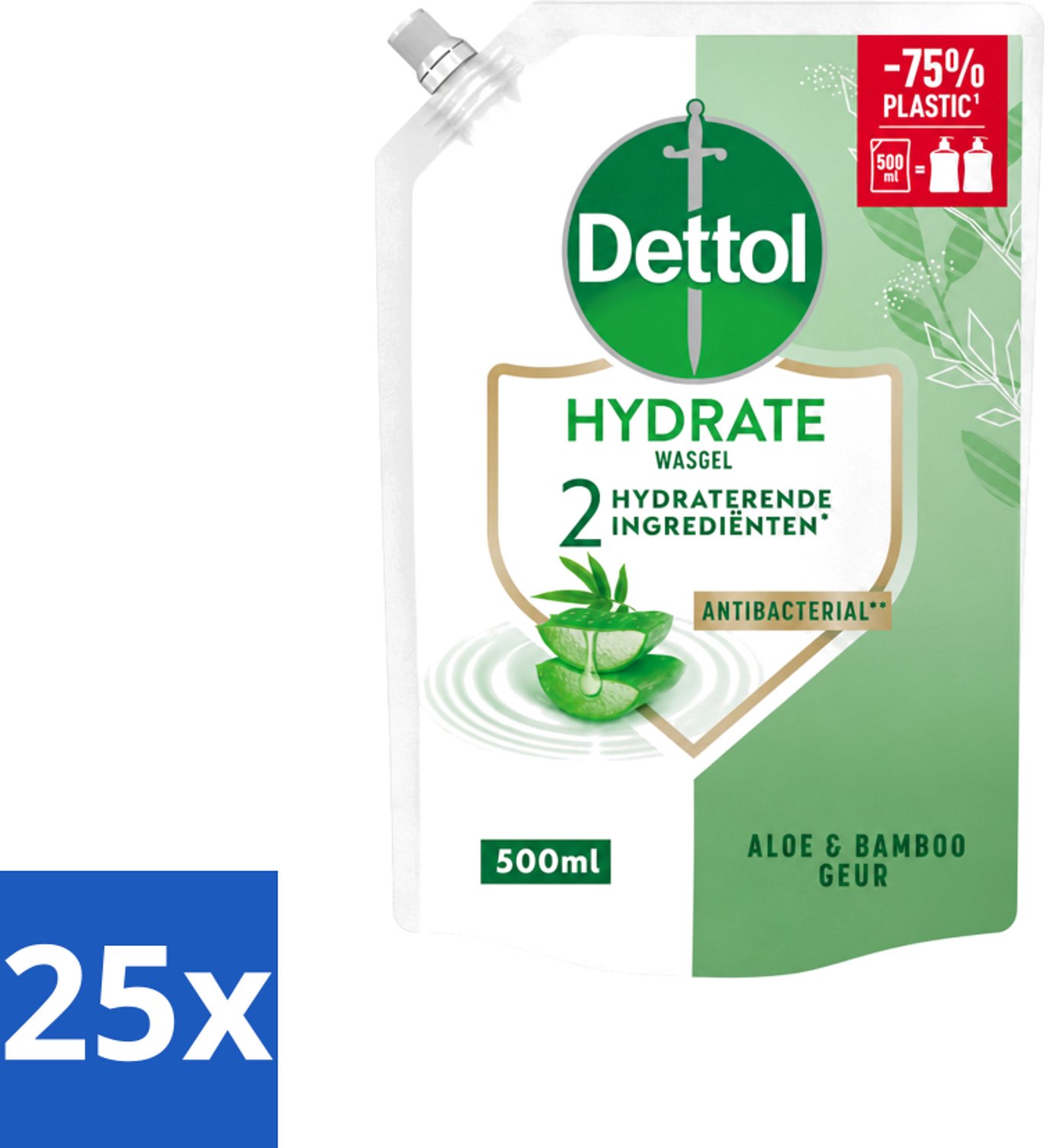25 x Dettol - Handzeep Navulling - Hydrate - Aloë Vera & Bamboe - 500 ml - Voordeelverpakking - 25 stuks