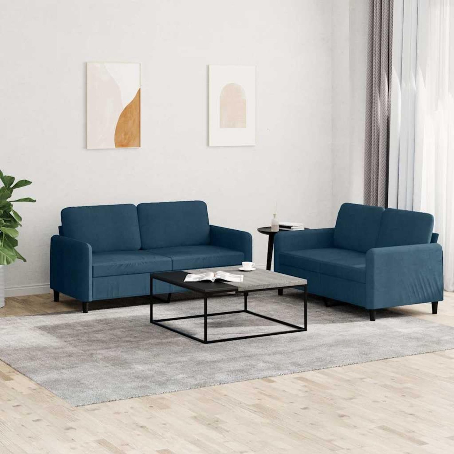 2-delig bankstel blauw fluweel met robuust frame en comfortabele bekleding voor woonkamer