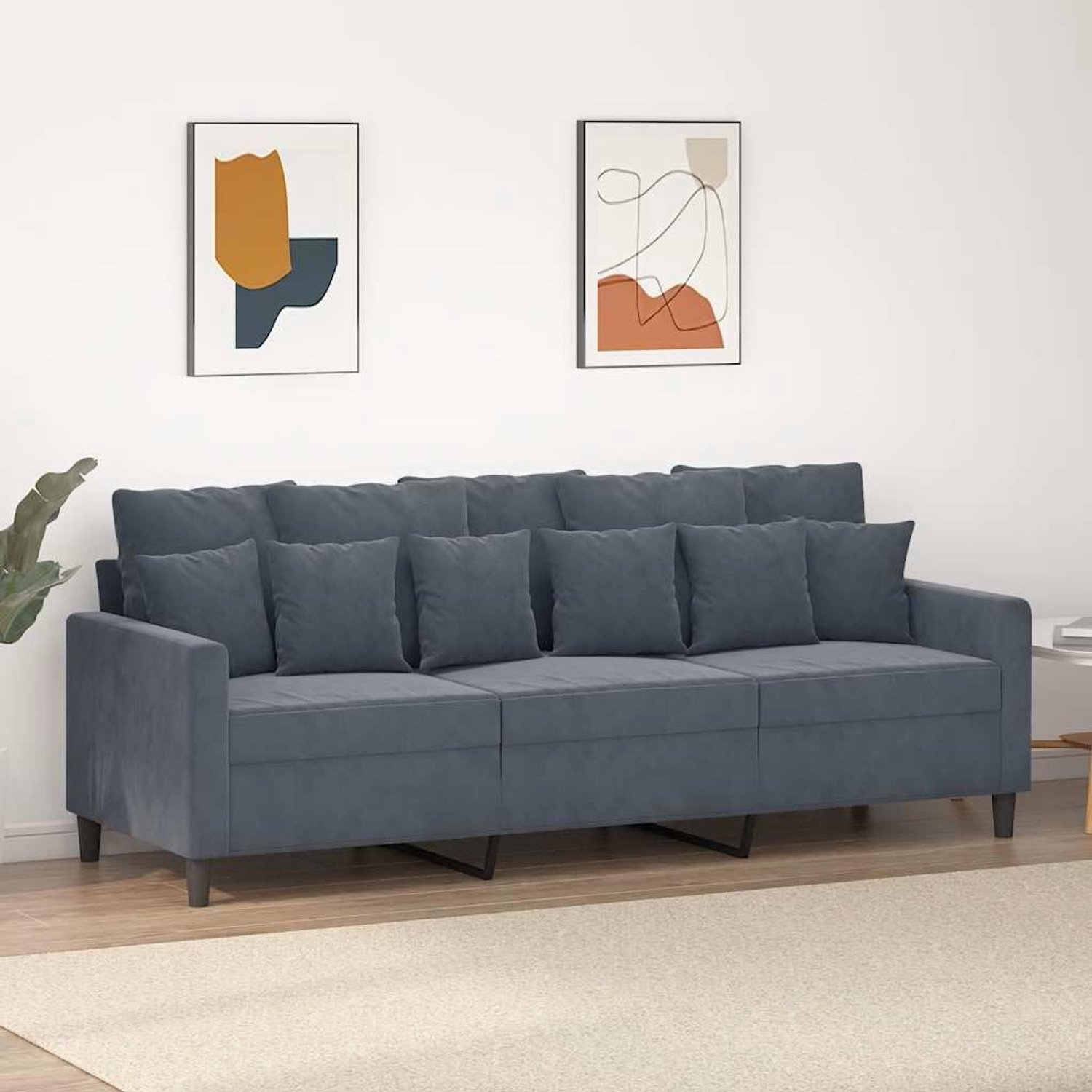 3-zitsbank, donkergrijs, 180 cm, fluwelen gestoffeerde meubels met metalen frame, voor woonkamer, comfortabel zitmeubel met zachte fluwelen bekleding en dikke vulling, donkergrijs