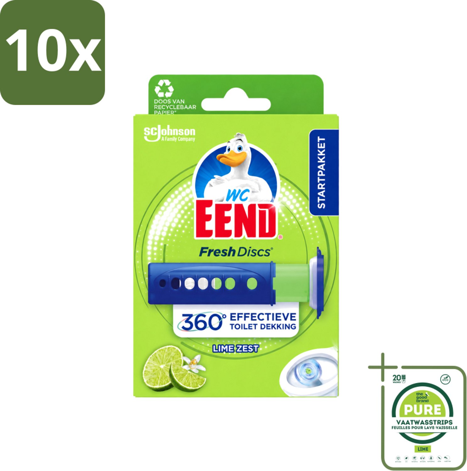 10 x WC Eend - Fresh Discs Lime Zest - Toiletgel - Hygiënisch & Fris tot 7,5 Weken - 36 ml - Grootverpakking - Vaatwasstrips - Toiletgel - Toilet Reinigen - Fris Toilet - Toiletgeur - Hygiëne Toilet