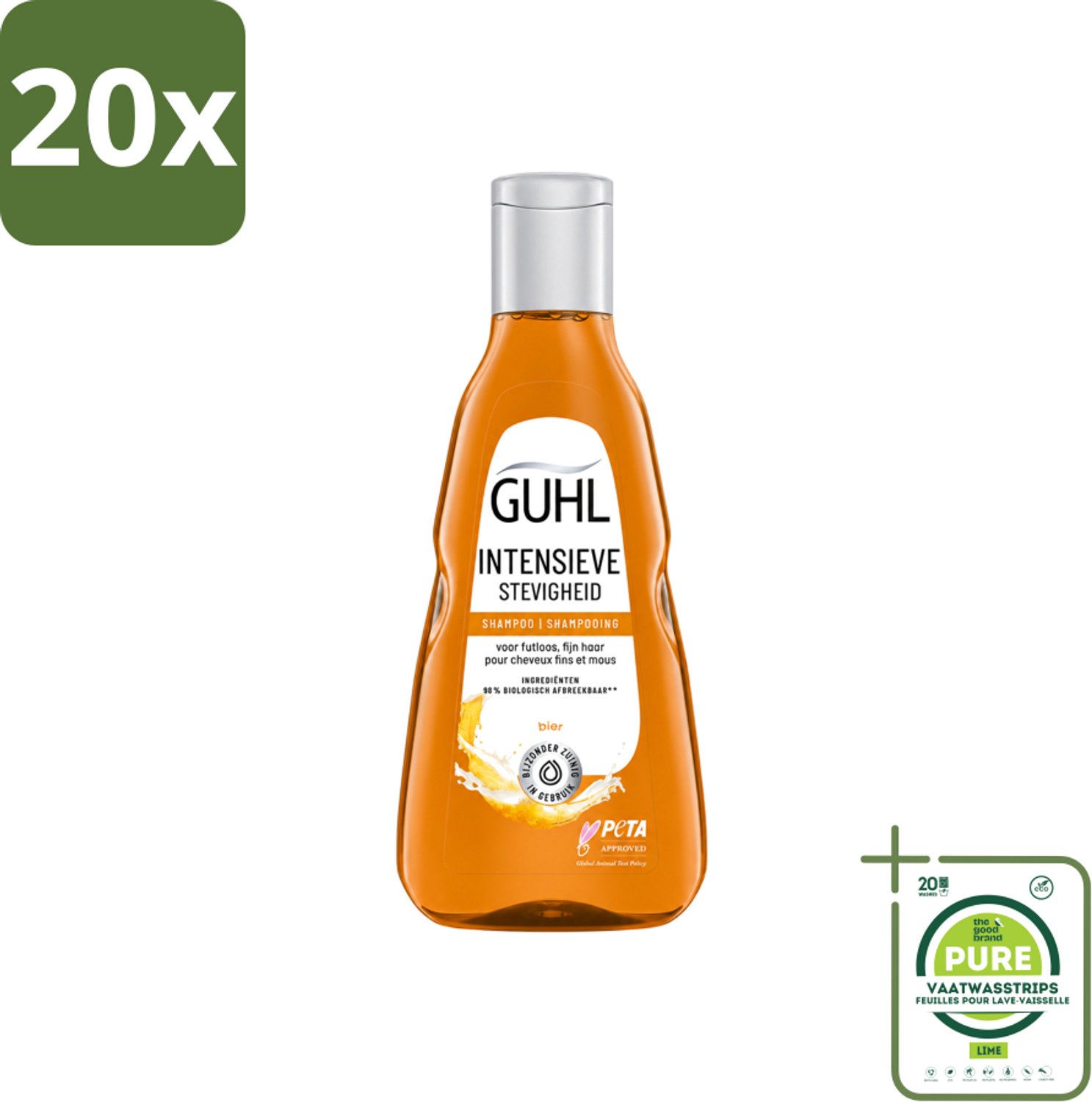 20 x Guhl - Shampoo - Intensieve Stevigheid - 250 ml - Grootverpakking - Vaatwasstrips - Haarversterking - Volume - Stevigheid - Bierextract - Krachtig Haar