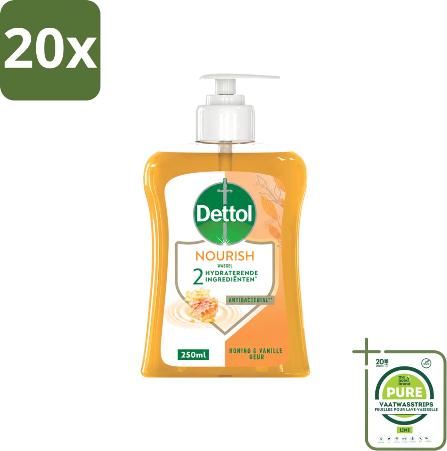 20 x Dettol - Handzeep - Nourish - Honing & Vanille - 250 ml - Grootverpakking - Vaatwasstrips - Handzeep - Antibacteriële Handzeep - Handen Wassen - Handen Verzorgen - Huid Verzorgen