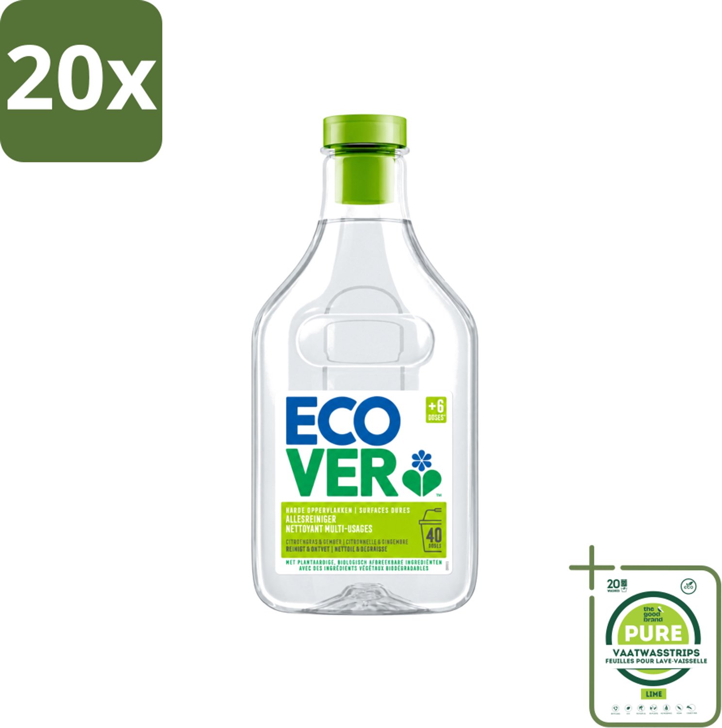 20 x Ecover - Allesreiniger - Citroengras & Gember - 1 liter - Grootverpakking - Vaatwasstrips - Allesreiniger - Citroengras - Gember - Natuurlijke Reiniger - Plantaardige Reiniger