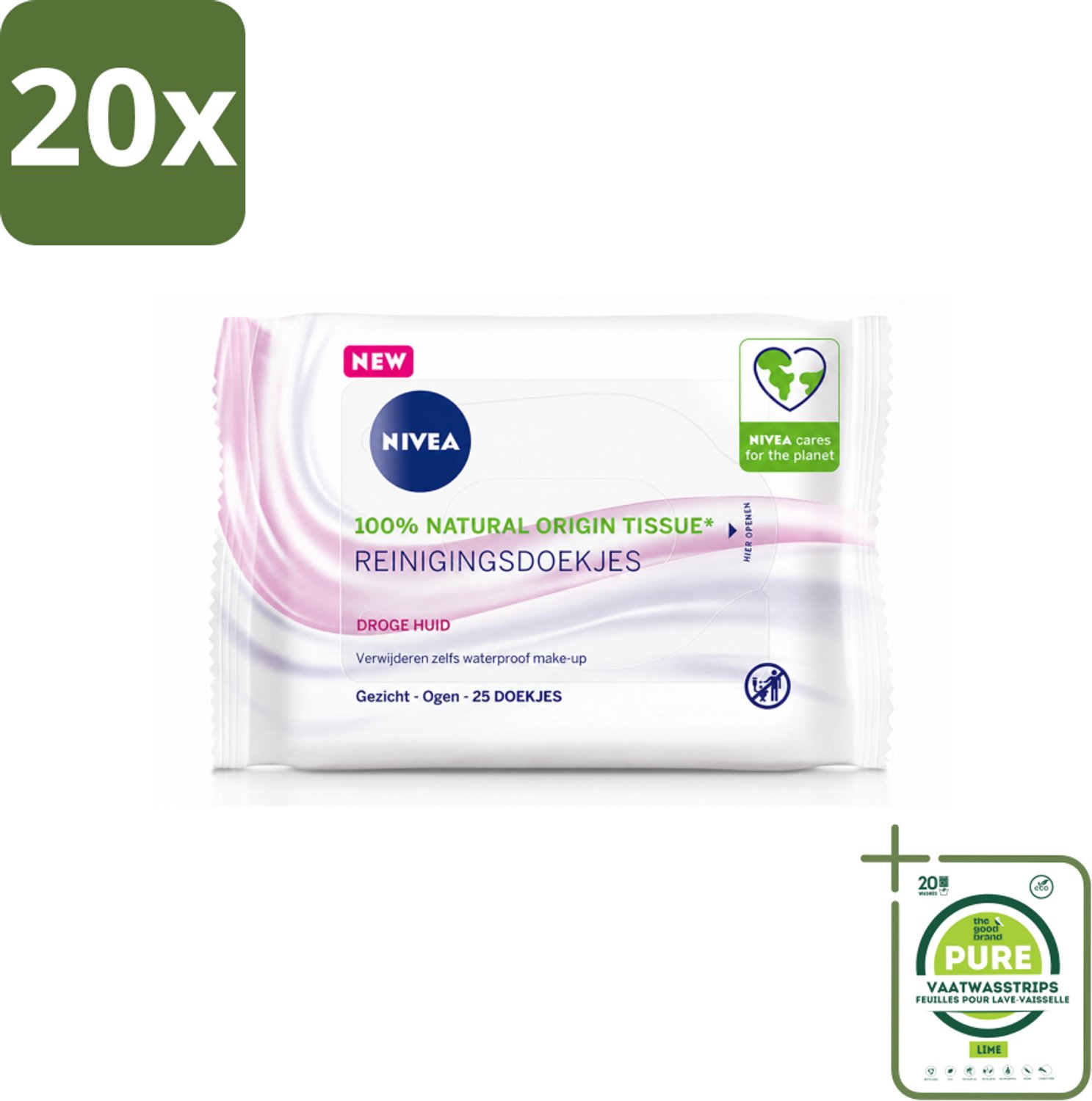20 x NIVEA - Reinigingsdoekjes - Verzachtend - Droge Huid - Verwijdert Waterbestendige Make-up - 25 Doekjes - Grootverpakking - Vaatwasstrips - Reinigingsdoekjes - Gezicht Reinigen - Make-up Verwijderen - Droge Huid - Gevoelige Huid