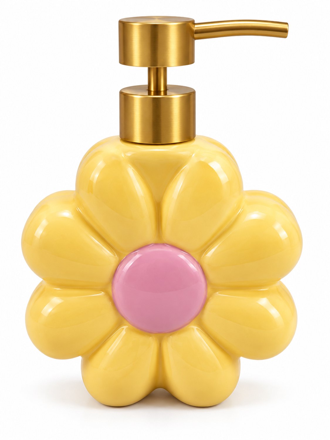 Bloem Zeepdispenser – Keramische Zeeppomp – Geel met Roze Detail & Gouden Pomp – Handzeep Dispenser – Badkamer & Keuken