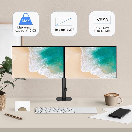 Verstelbare Dubbele Monitorsteun voor 13-27 Inch LED LCD Schermen, 360° Rotatie, VESA 75/100mm tot 10kg, Ideaal voor Thuiswerk en Kantoorgebruik — afbeelding 3