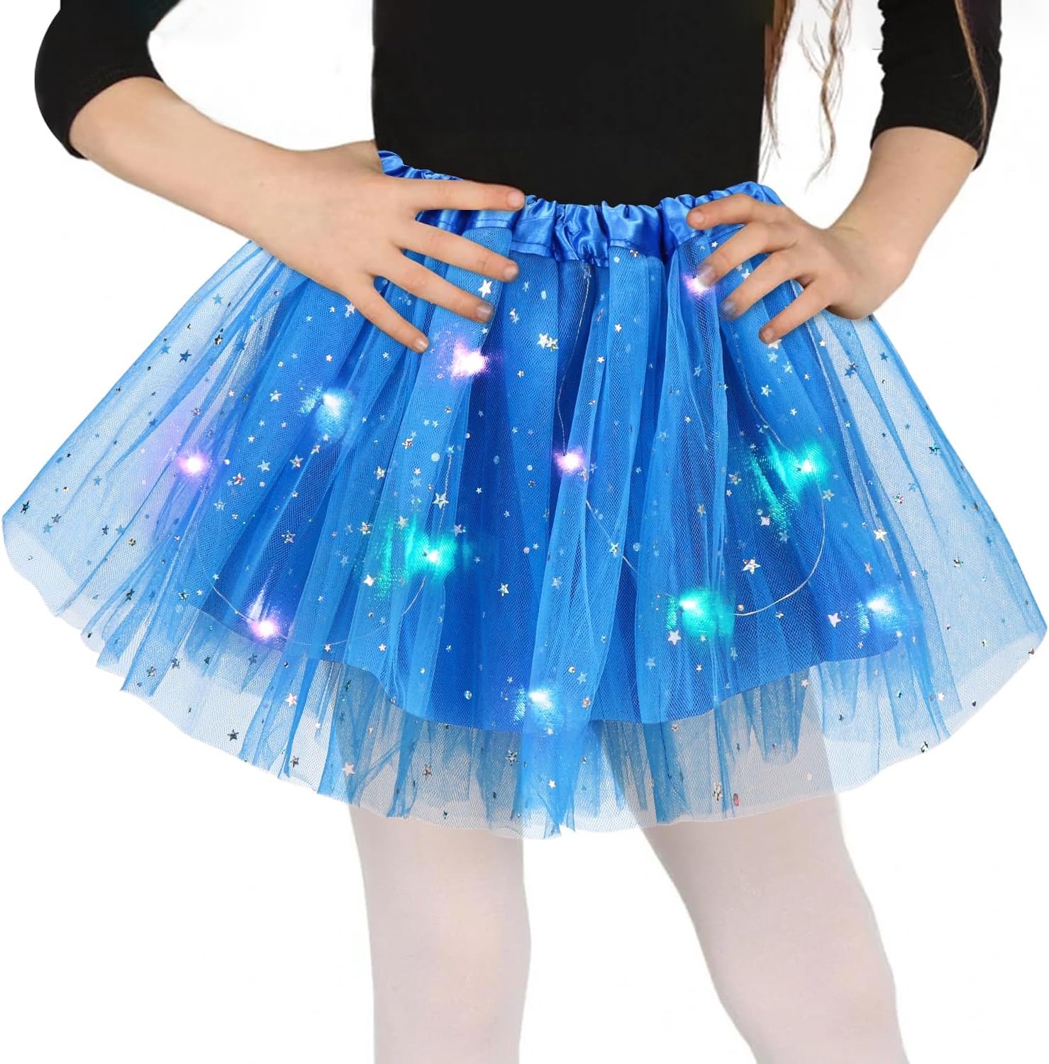 Rok voor meisjes, dansjurk met pailletten, sterren, 30 cm, elastische minirok met ledverlichting, tutu-rok voor carnaval, Halloween, balletjurk voor meisjes van 3 tot 8 jaar