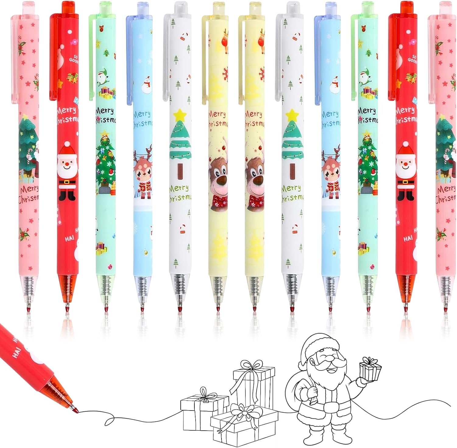 Balpennen, 12 stuks Kerst balpennen, Intrekbare balpennen, Gelpennen Kerst, Leuke rollerball balpennen voor Kerst feest cadeau kantoor schoolbenodigdheden