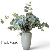 BLOOM & VESSEL Bouquet de Soie Luxe - Vase en Verre Inclus - Hortensia Bleu Vert & Eucalyptus - 60 cm - Fleurs Artificielles