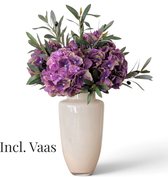 BLOOM & VESSEL Bouquet de soie de luxe - Vase en verre inclus - Hortensia violet et branches d'olivier - Fleurs artificielles - 60 cm - Fleurs artificielles