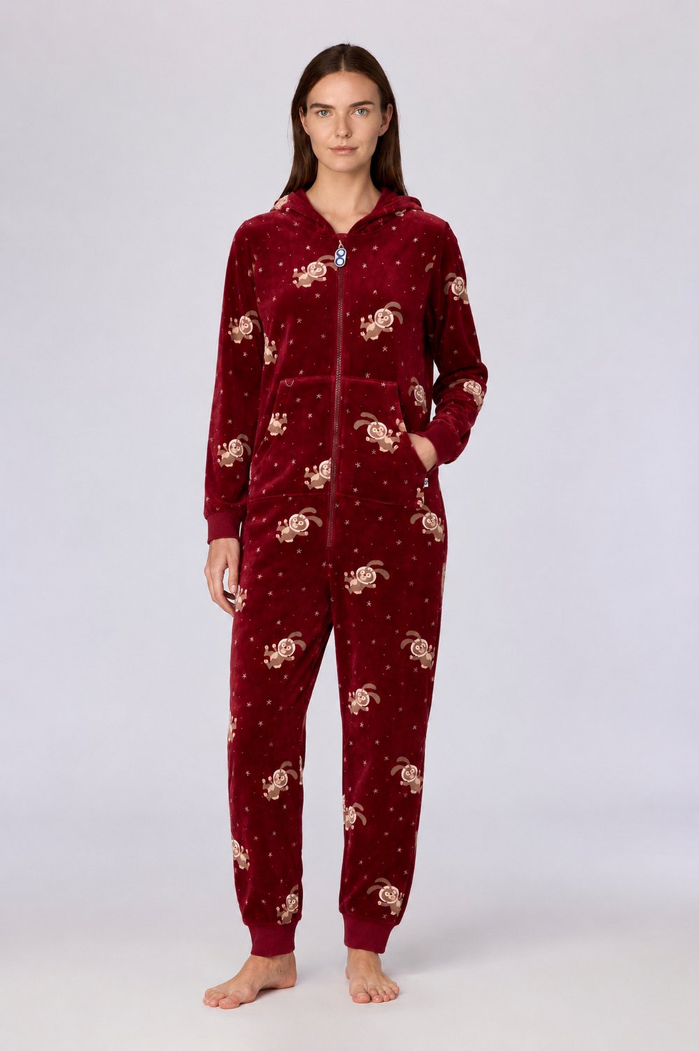 Woody onesie unisex velours - bordeaux - konijnen all-overprint - 262-10-ONE-V/923