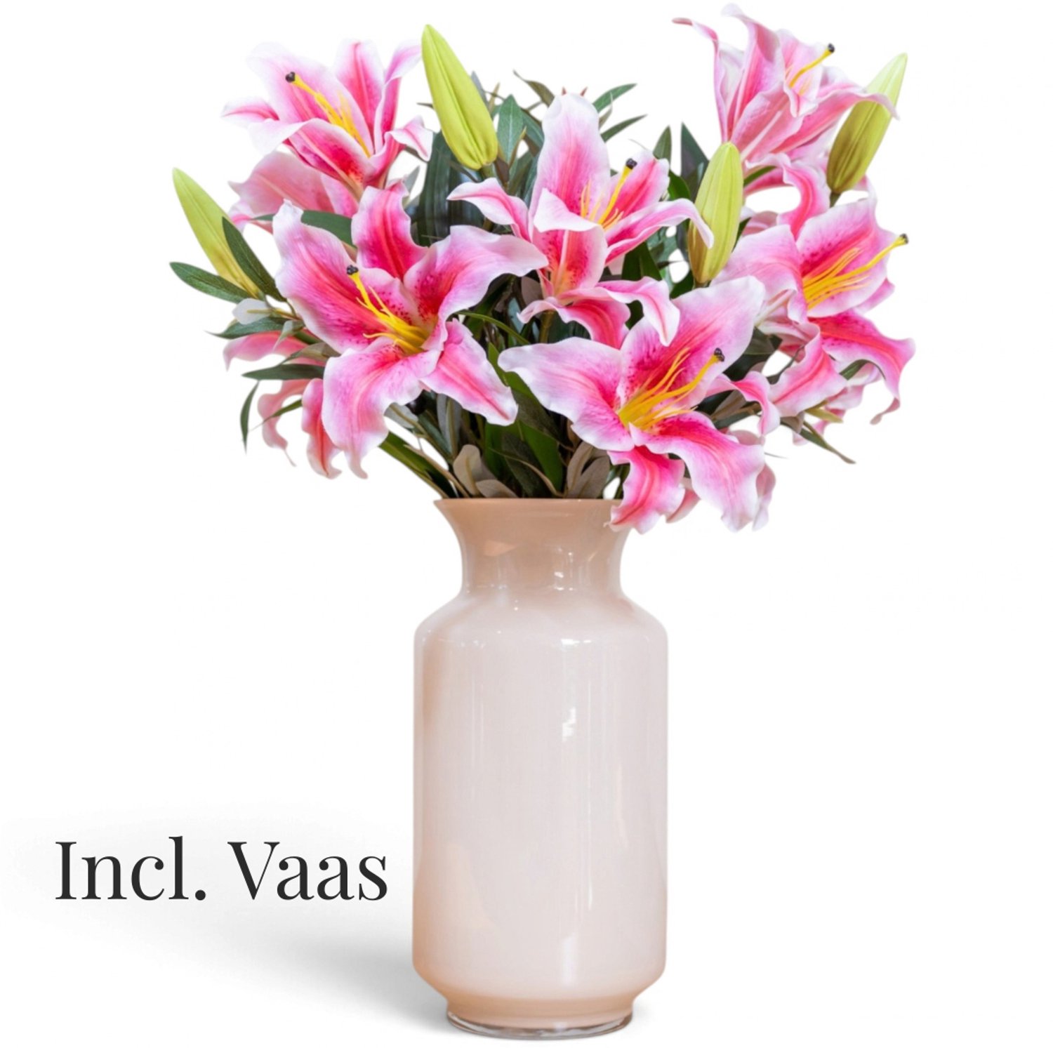 BLOOM & VESSEL Zijden Lelieboeket met Vaas – 75 cm – Boeket Tourmaline – Lelies & Olijftakken – Kunstbloemen – Nepbloemen