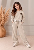 Meisjes Kledingset 2-Delig – Beige Sweater & Wide Leg Broek – Comfy Set – Kinderkleding Herfst Winter - maat 110/116