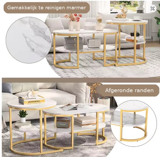 Set van twee salontafels met wit marmerlook blad, goudkleurig frame en afgeronde randen.
