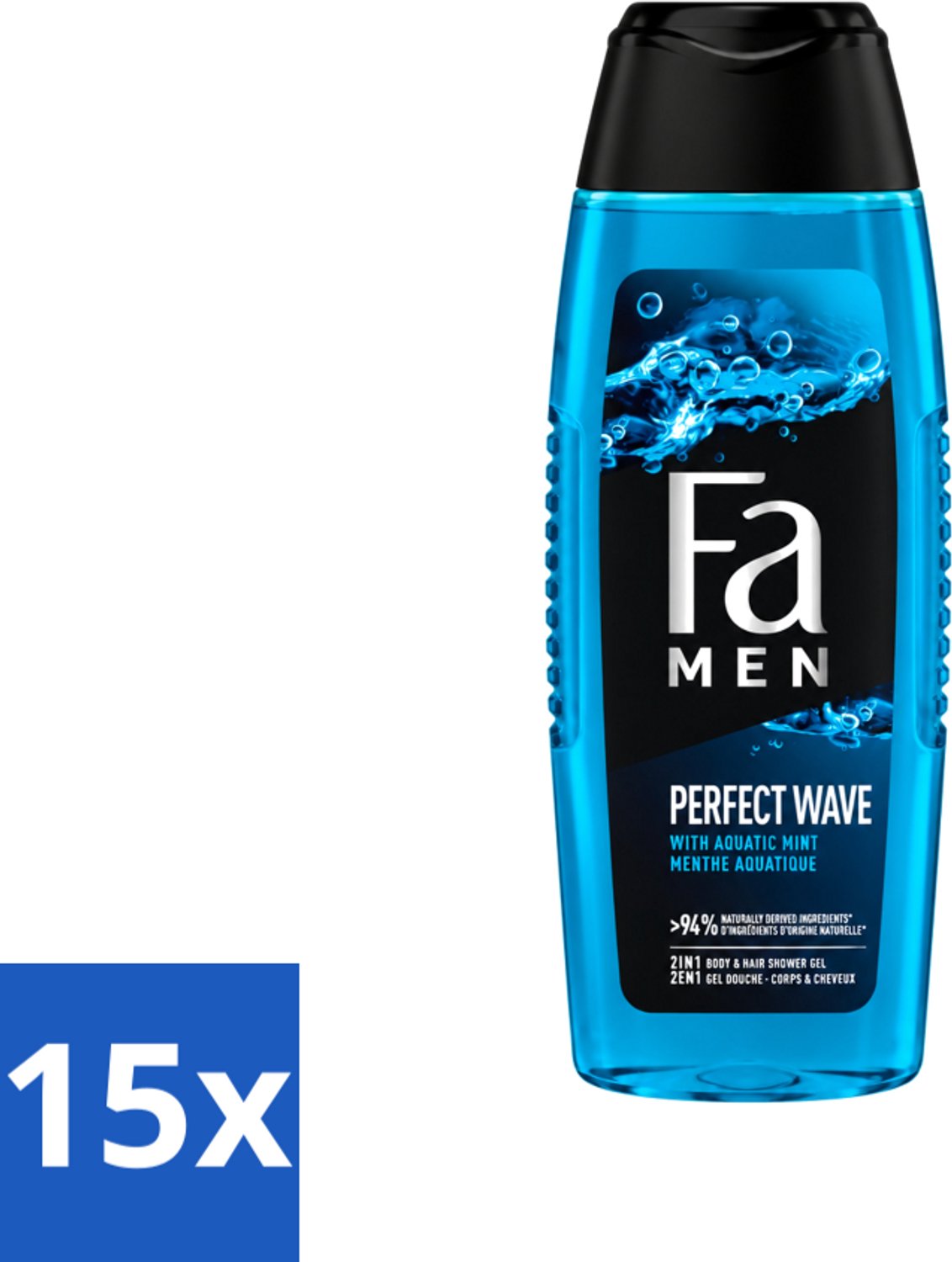 15 x Fa Men - Perfect Wave - 2 in 1 Douchegel & Shampoo - Menthol - 250 ml - Voordeelverpakking - 15 stuks