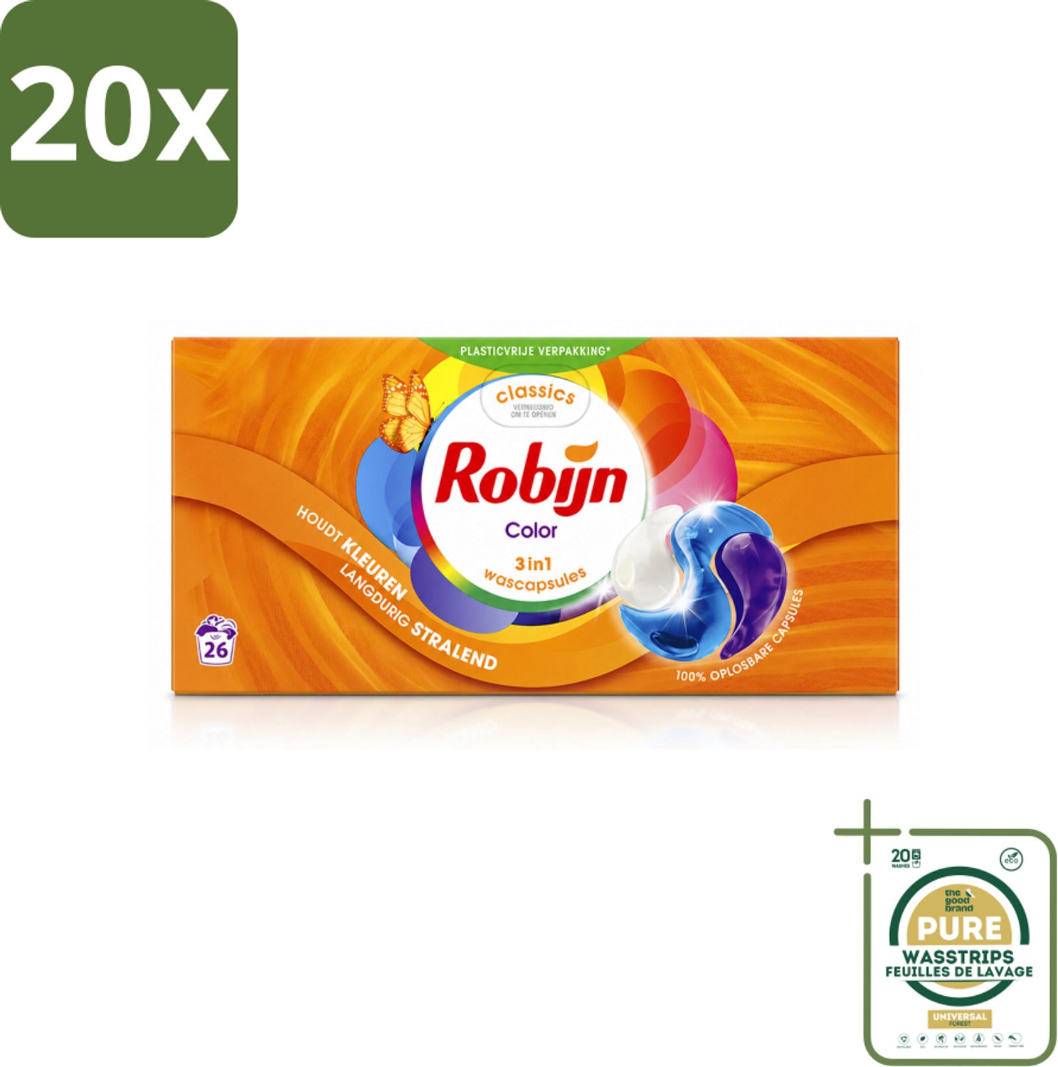 20 x Robijn – 3-in-1 Wascapsules – Color - 26 Capsules - Wasstrips - Kleurverzorging - Wascapsules - Wasmiddel - Kleurbehoud - Frisheid