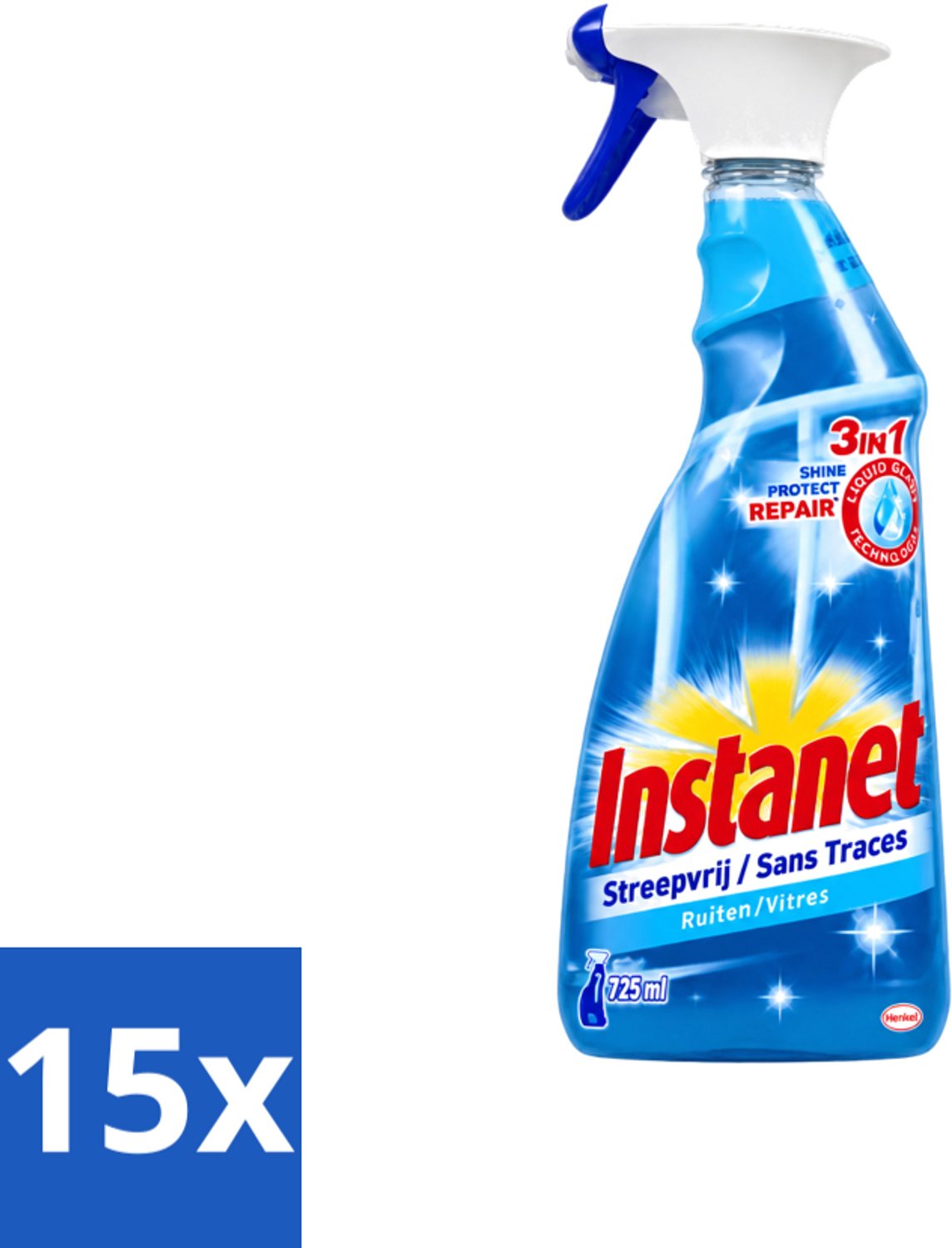 15 x Instanet - Ruitenreiniger - Streepvrij - 3in1 Spray - 725 ml - Voordeelverpakking - 15 stuks