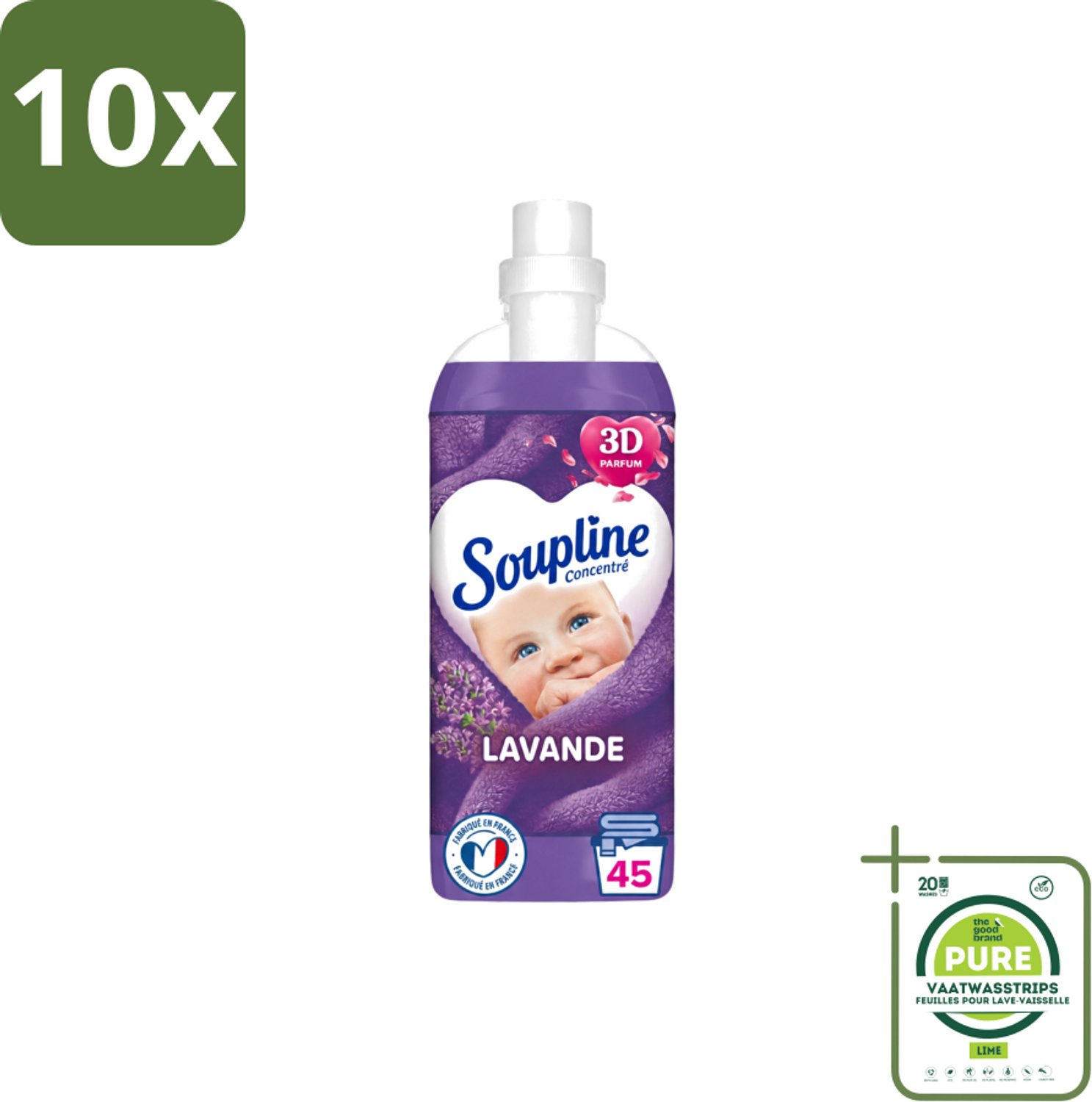 10 x Soupline - Wasverzachter - Lavendel - 45 Wasbeurten - 1L - Grootverpakking - Vaatwasstrips - Wasverzachter - Wasgoed Verzorgen - Wasresultaat - Wasmachine - Wasverzachter Lentebloesem