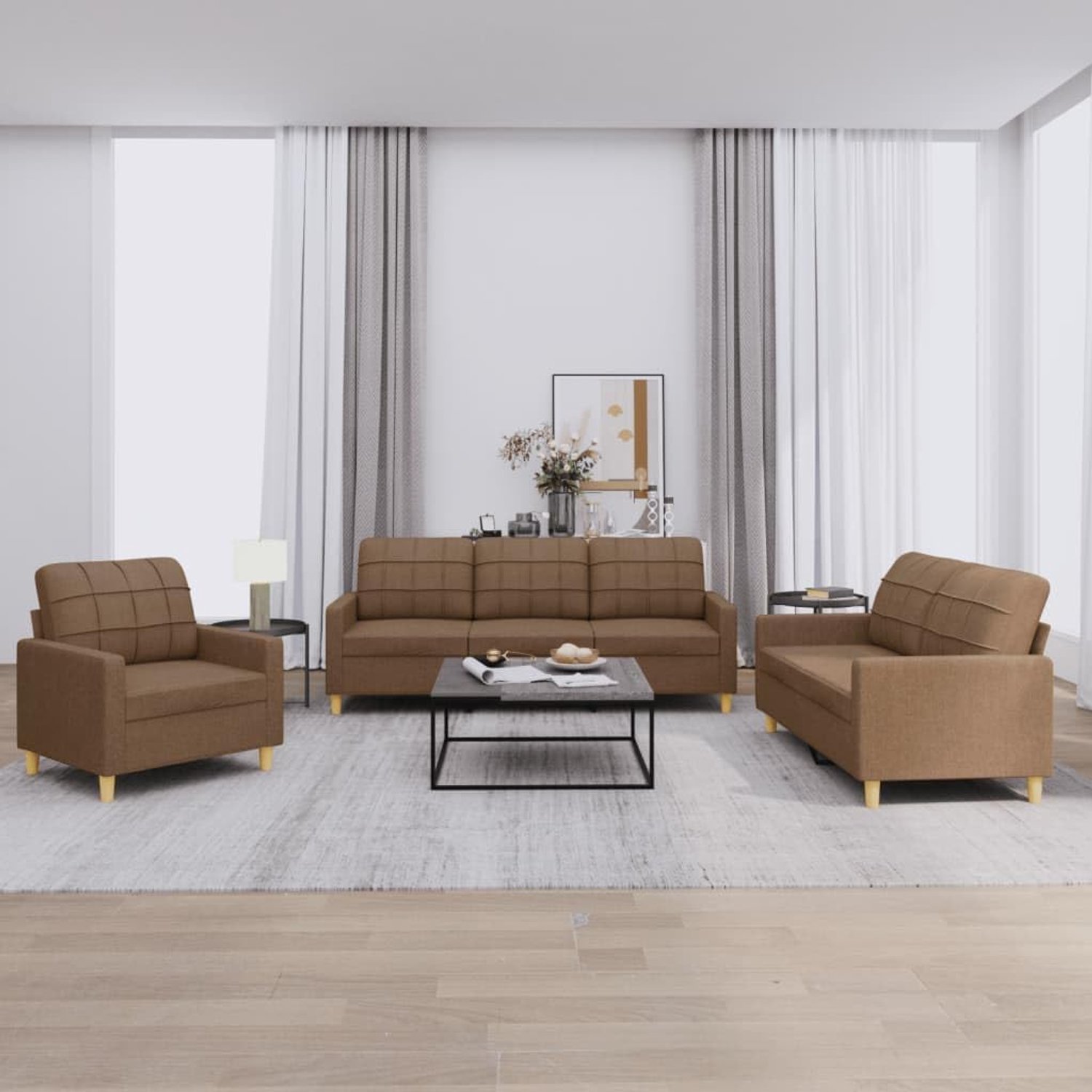 3-delig bankstel met kussen bruine stof - robuuste woonlandschap met ademende overtrek, duurzaam voor comfortabel zitten, modern design, stabiel
