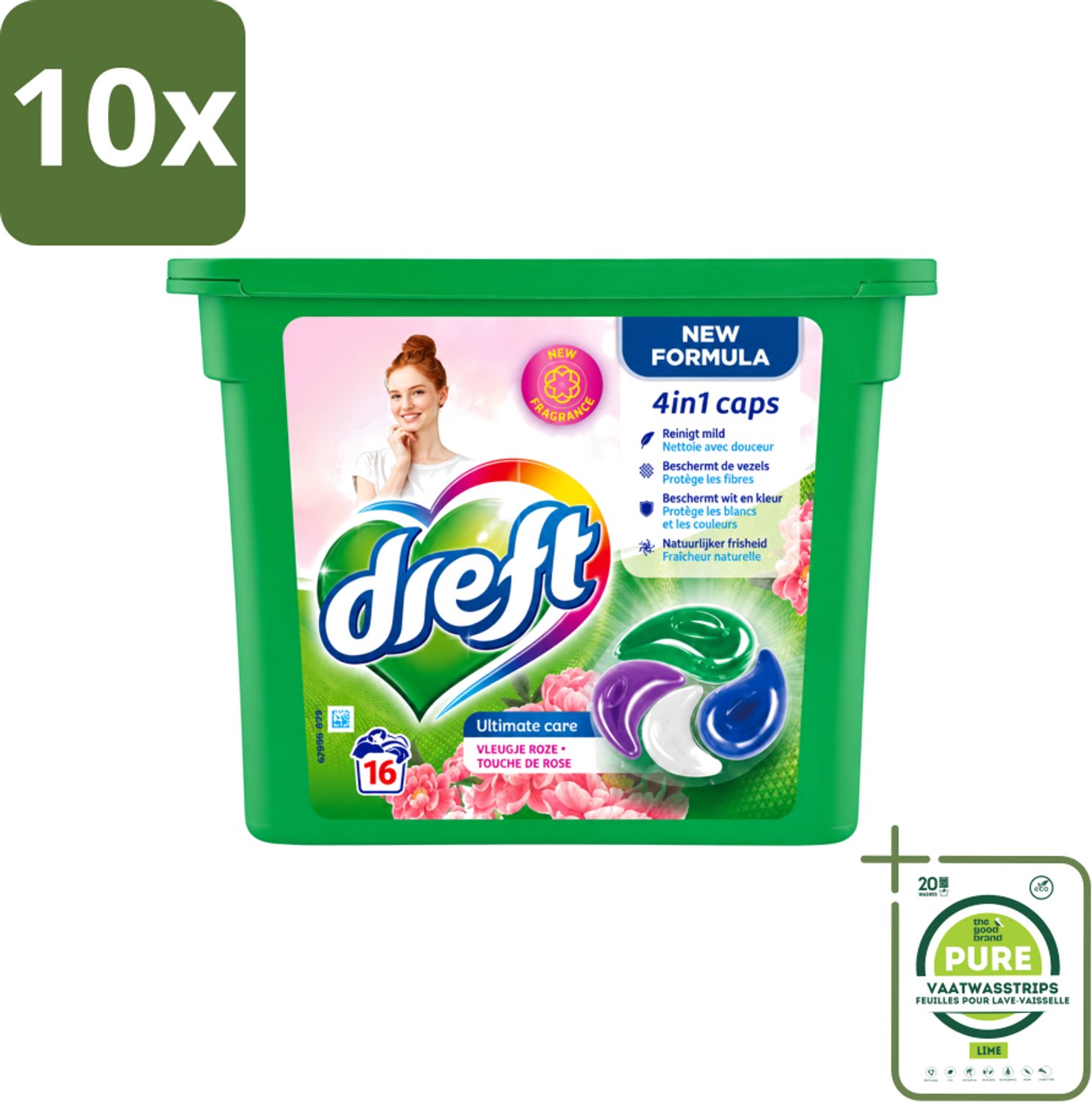 10 x Dreft - Nieuwe Formule - Wasmiddelcapsules 4in1 - Witte en Gekleurde Was - Vleugje Roze - 16 Wasbeurten - Grootverpakking - Vaatwasstrips - Wasmiddelcapsules - Wasbeurten - Kleurbescherming - Frisheid - Wasgoed