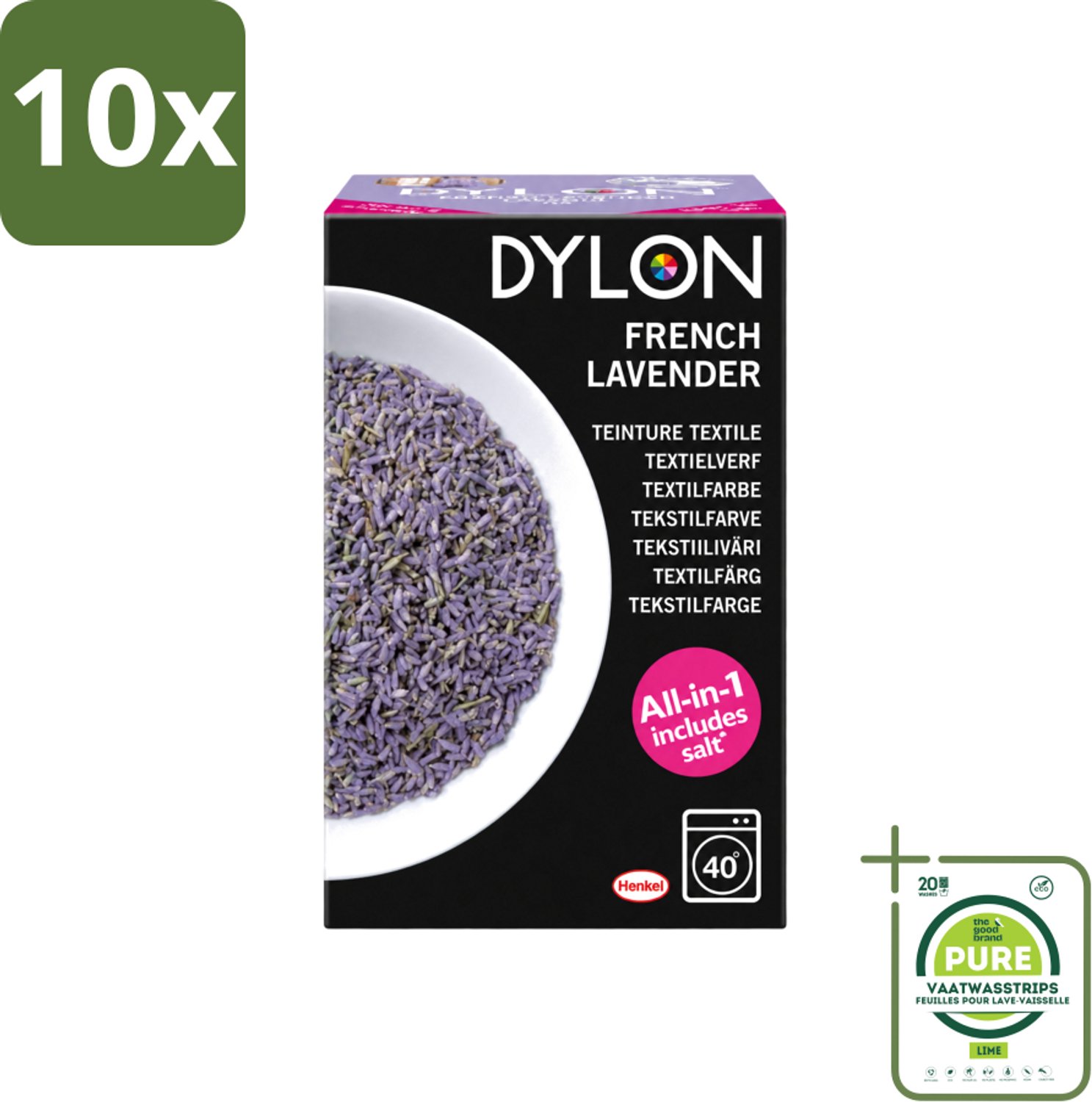 10 x Dylon - Textielverf - French Lavender - All-in-One - Inclusief Zout - 350g - Grootverpakking - Vaatwasstrips - Textielverf - Lavendelkleur - French Lavender - Zout - Stofverf