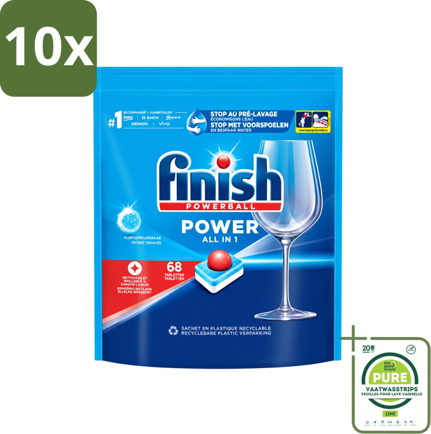 10 x Finish Powerball - Power All in 1 - Vaatwastabletten - Reiniging & Glans - 68 Tabletten - Grootverpakking - Vaatwasstrips - Vaatwastabletten - Vaat Reinigen - Vlekverwijderaar - Vaatwasmiddel - Krachtige Vaatwasmiddel