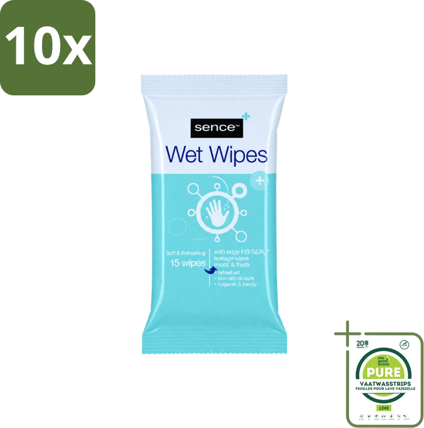 10 x Sence - Vochtige Doekjes - Hersluitbare Verpakking - 15 Doekjes - Grootverpakking - Vaatwasstrips - Vochtige Doekjes - Handdoek - Gezichtsdoek - Reinigingsdoek - Handdoek Voor Gezicht
