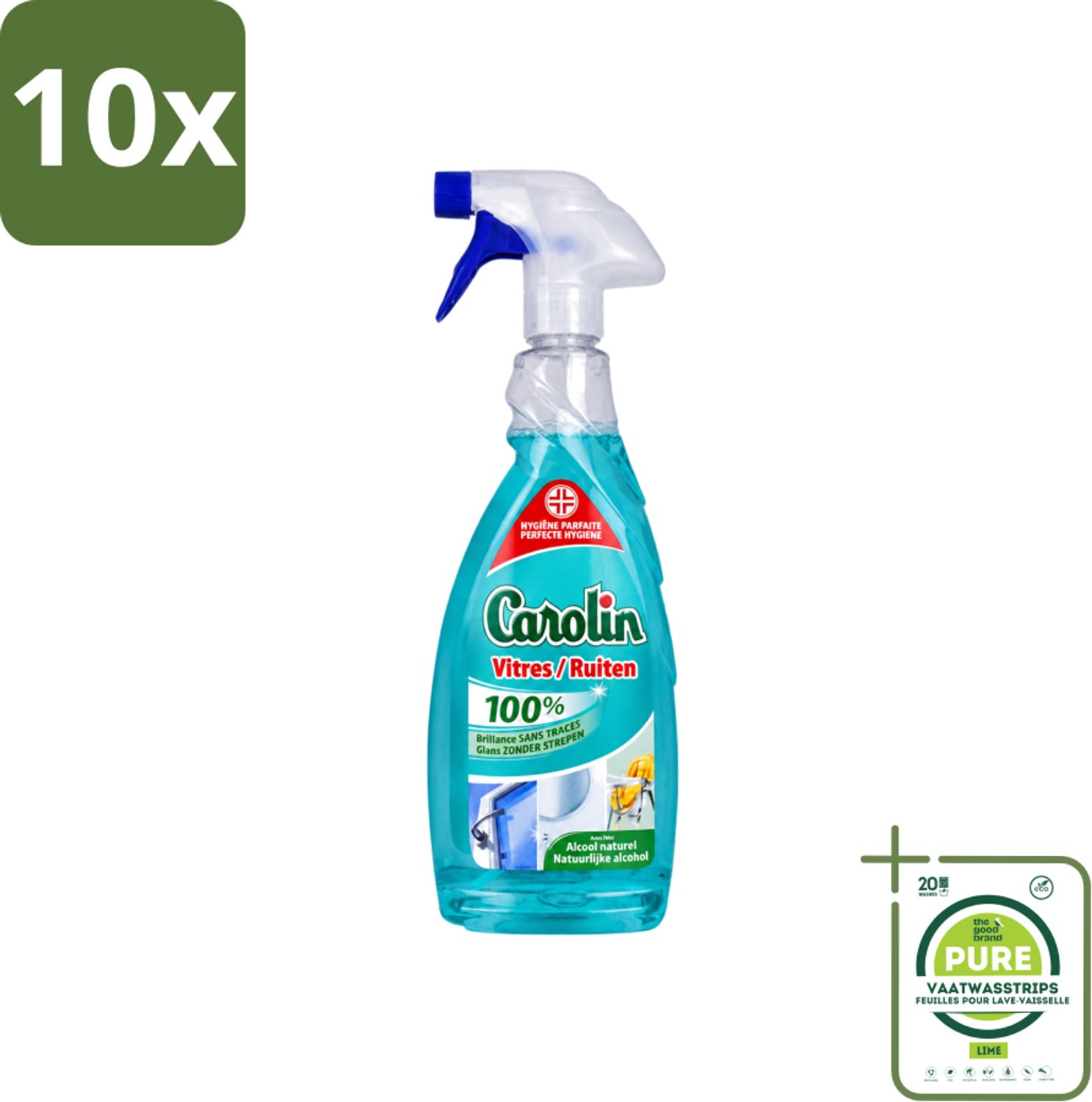 10 x Carolin - Glas- en Ruitenreiniger - Met Natuurlijke Alcohol - 650 ml - Grootverpakking - Vaatwasstrips - Glas Reinigen - Ruiten Reinigen - Glas Reiniger - Ruiten Reiniger - Natuurlijke Alcohol