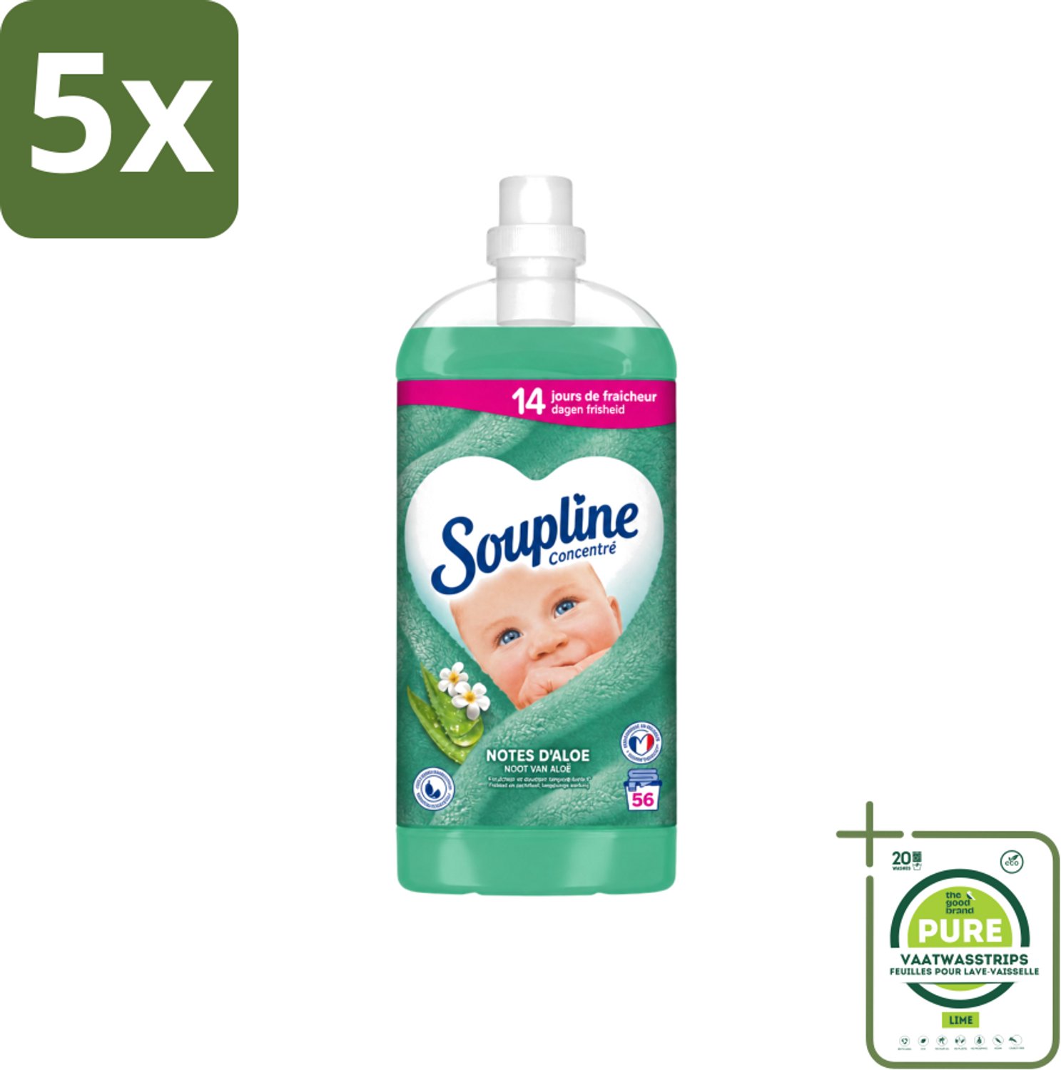 5 x Soupline - Wasverzachter - Aloë Vera - 56 Wasbeurten - 1.3L - Grootverpakking - Vaatwasstrips - Wasverzachter Aloë Vera - Frisse Geur - Zachte Kleding - 14 Dagen Frisheid - Natuurlijke Geur