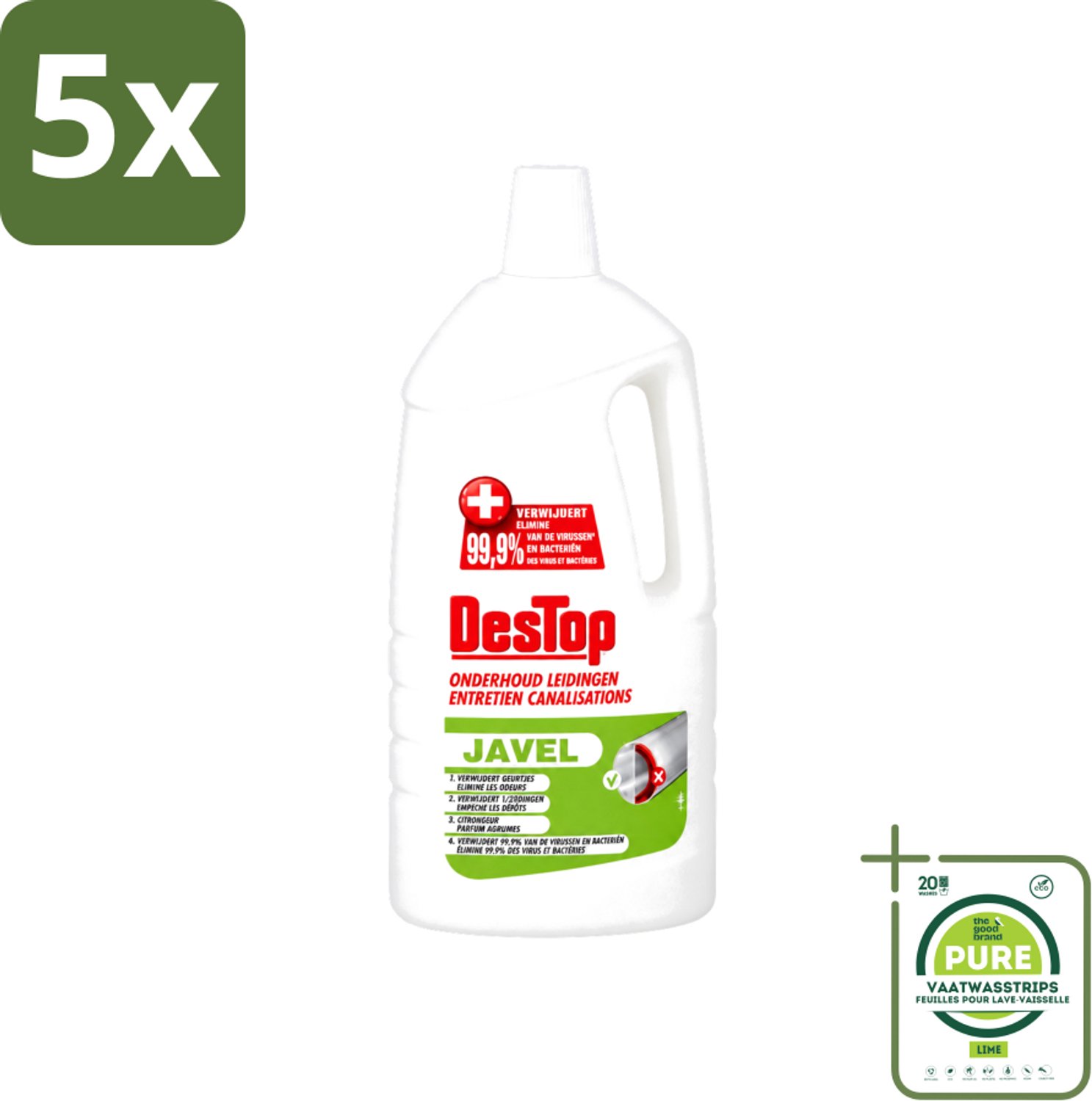 5 x DesTop - Onderhoud Leidingen - Javel - 4-in-1 Werking - Citroengeur - 1,5L - Grootverpakking - Vaatwasstrips - Leidingen Reinigen - Leidingen Onderhouden - Leidingen Schoon Houden - Leidingen Reinigingsmiddel - Citroengeur