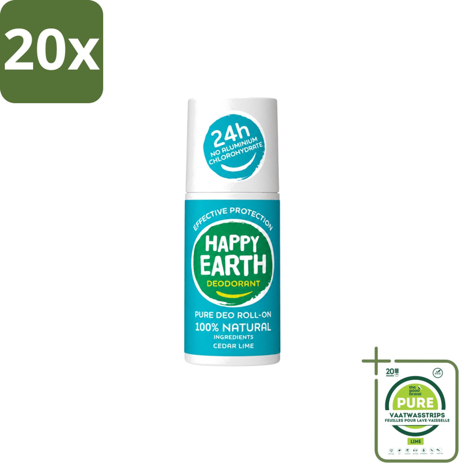 20 x Happy Earth – Deodorant Roll-On – 100% Natuurlijk Cedar Lime – 75 ml - Grootverpakking - Vaatwasstrips - Deodorant - Natuurlijke Deodorant - Cederhout En Limoen - Fris - Huidvriendelijk
